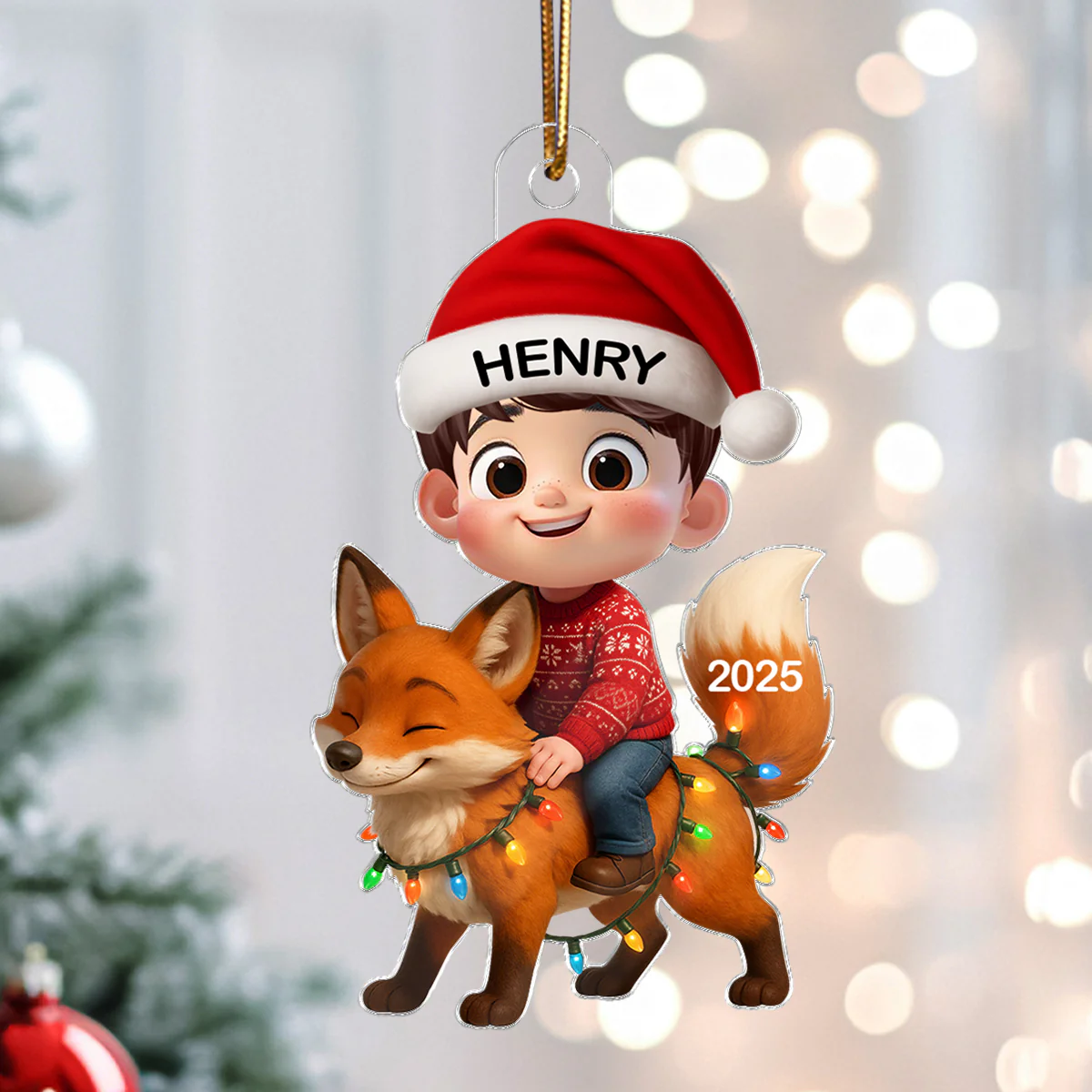 3D Effect Little Kid Jungle Safari Animals Fox Christmas Personalized Acrylic Ornament - Image 5