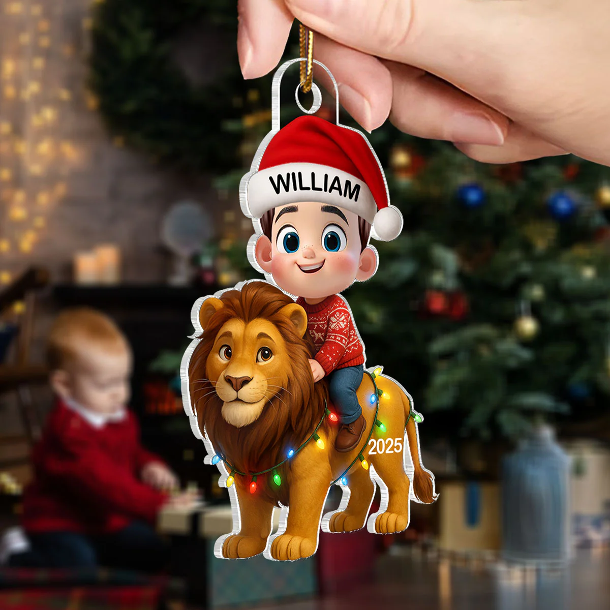 3D Effect Little Kid Jungle Safari Animals Lion Christmas Personalized Acrylic Ornament - Image 2