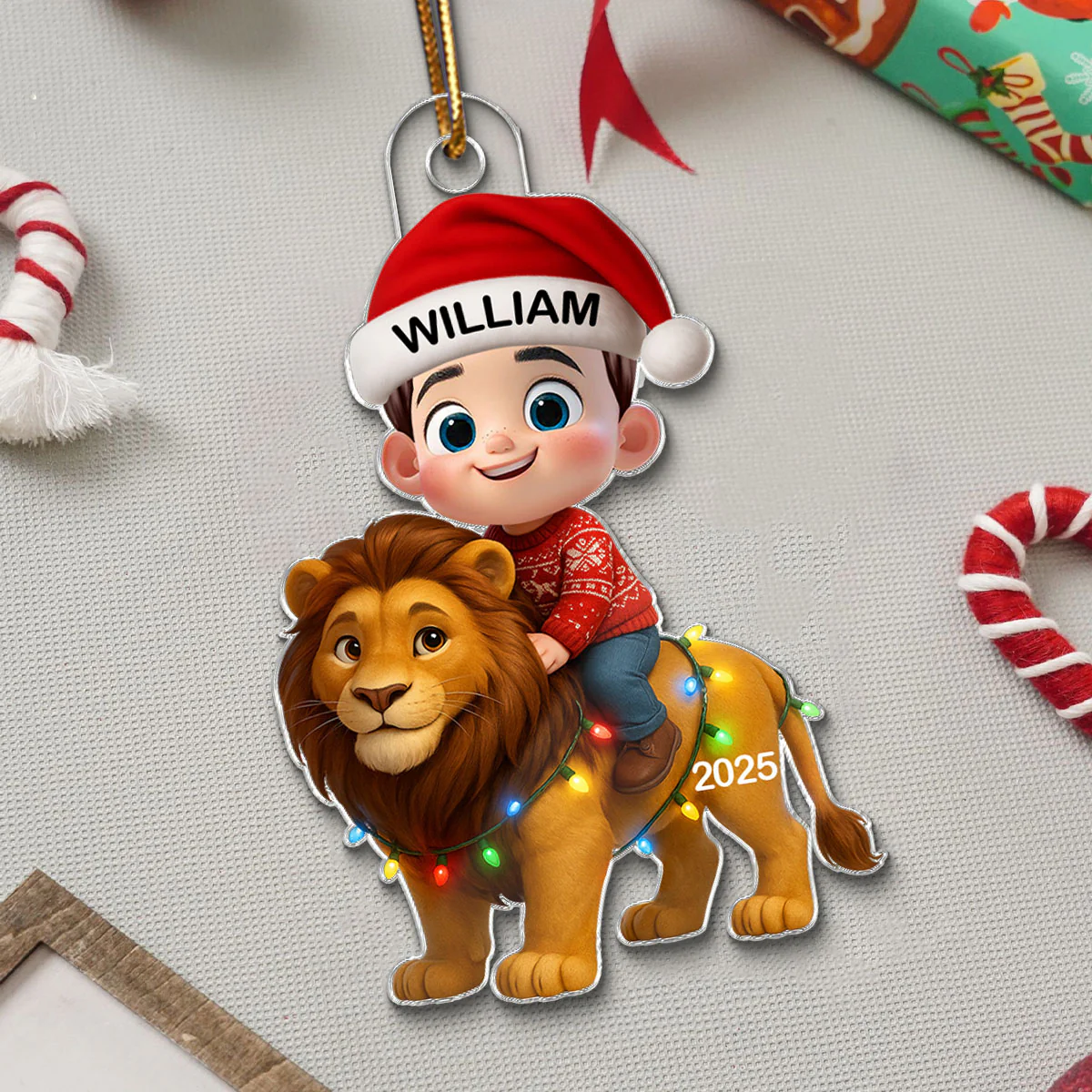 3D Effect Little Kid Jungle Safari Animals Lion Christmas Personalized Acrylic Ornament - Image 3