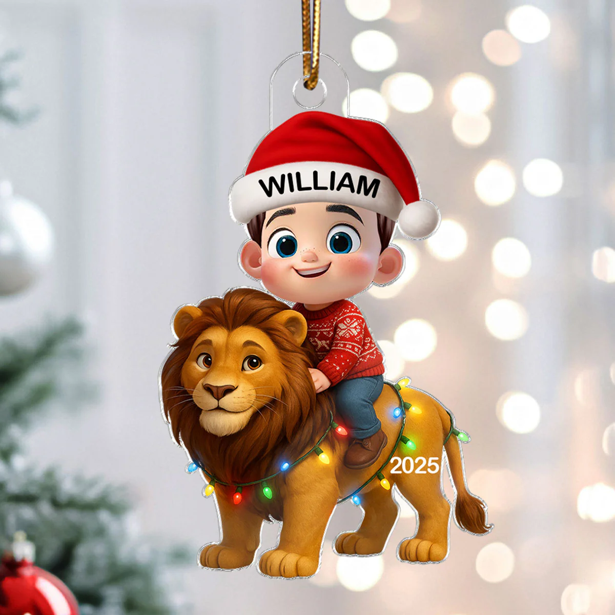 3D Effect Little Kid Jungle Safari Animals Lion Christmas Personalized Acrylic Ornament - Image 4