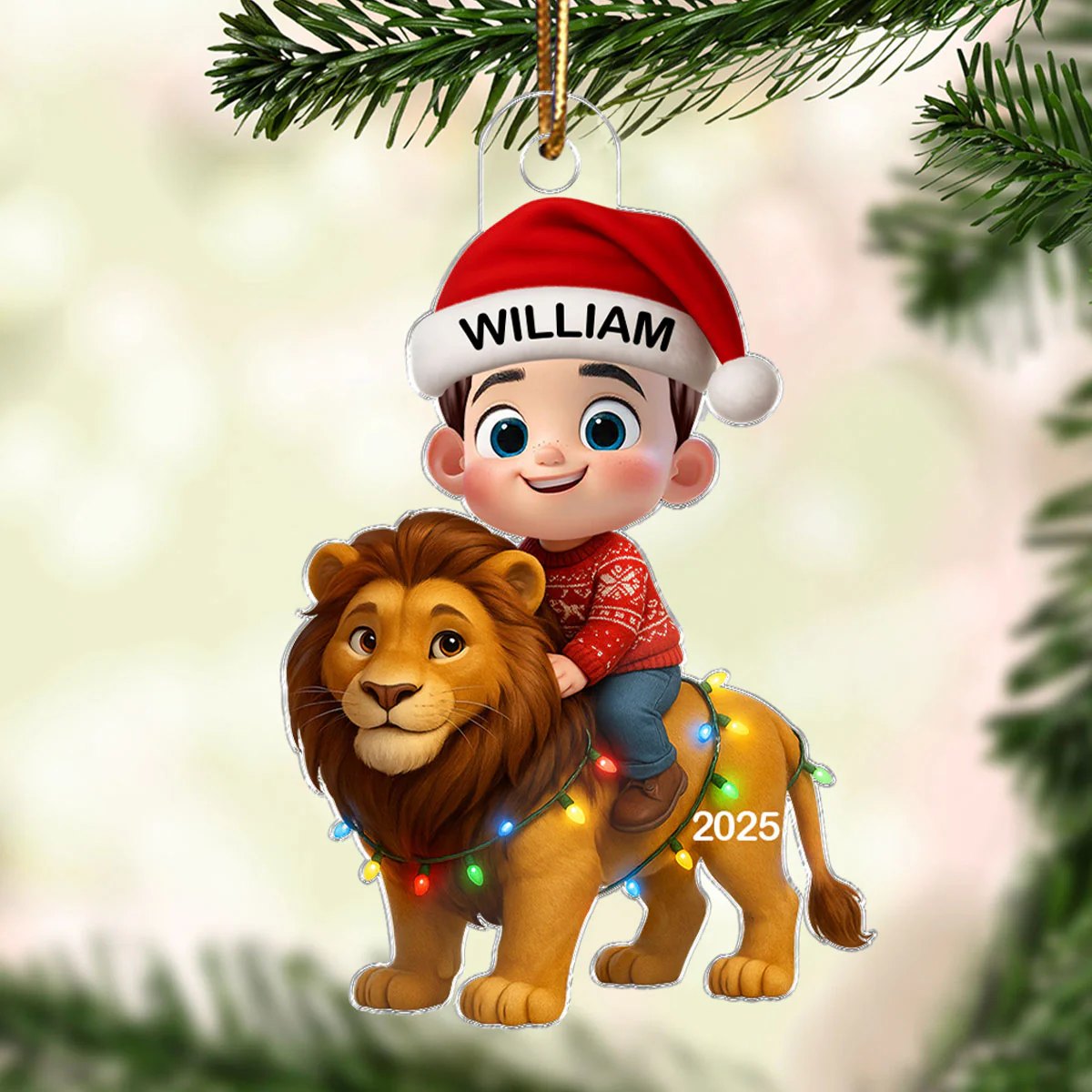 3D Effect Little Kid Jungle Safari Animals Lion Christmas Personalized Acrylic Ornament - Image 5