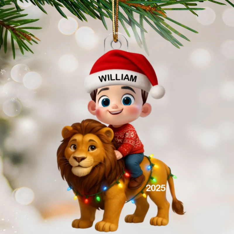 3D Effect Little Kid Jungle Safari Animals Lion Christmas Personalized Acrylic Ornament - Image 8