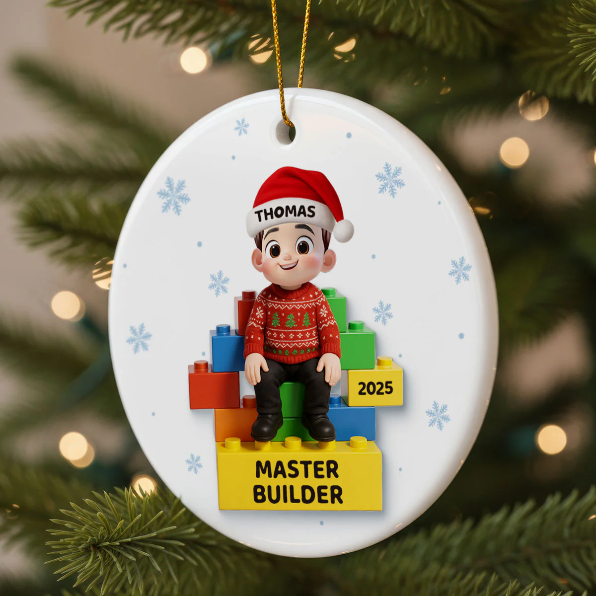 3D Effect Little Kid Master Builder Christmas - Personalized Ceramic Ornament - Christmas Gift For Grandkids, Grandson, Granddaughter - Image 2