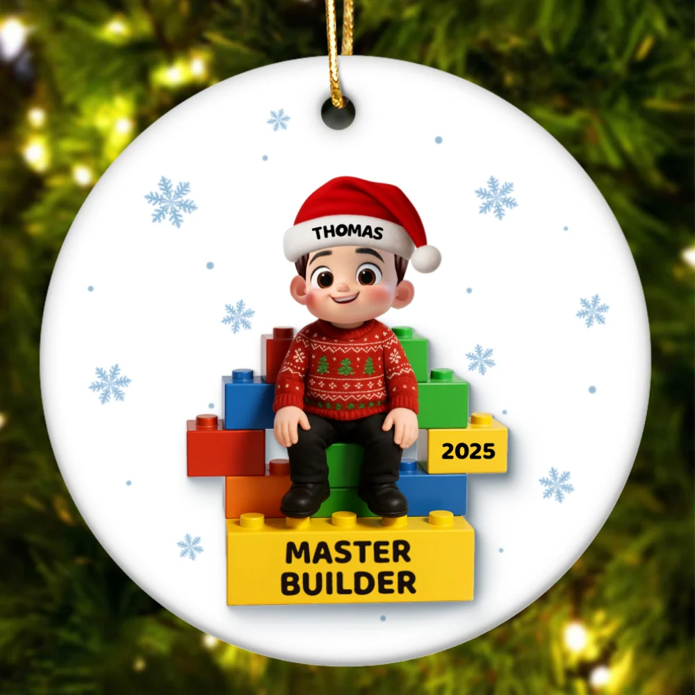 3D Effect Little Kid Master Builder Christmas - Personalized Ceramic Ornament - Christmas Gift For Grandkids, Grandson, Granddaughter - Image 8