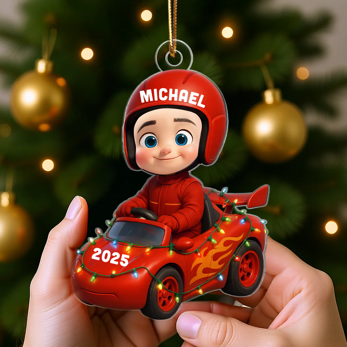 3D Effect Little Kid Racing Car Christmas Personalized Acrylic Ornament - Image 2