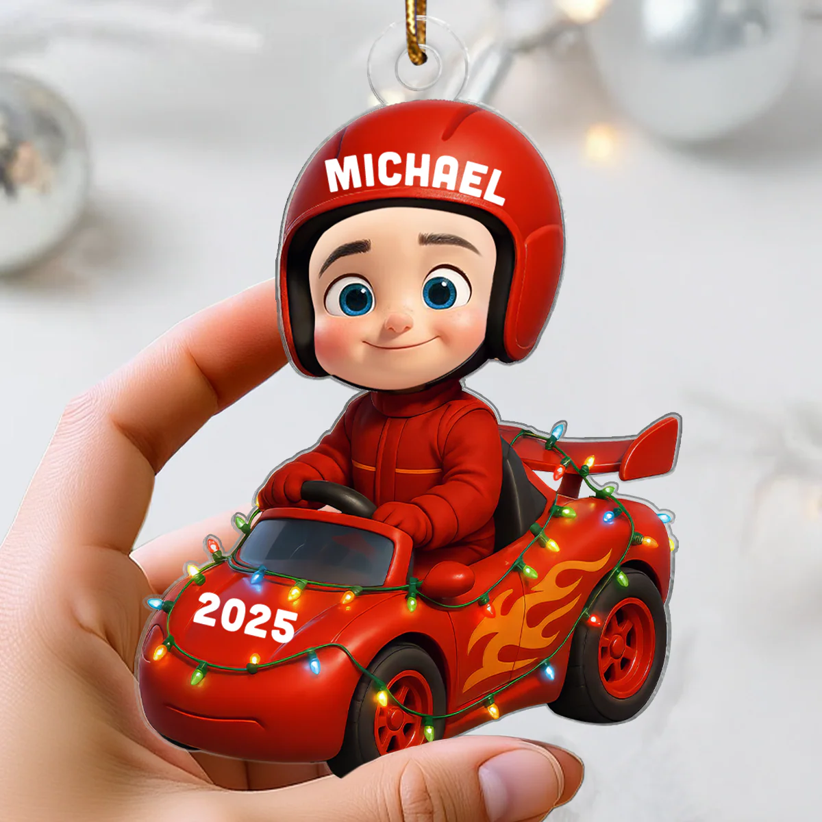3D Effect Little Kid Racing Car Christmas Personalized Acrylic Ornament - Image 3