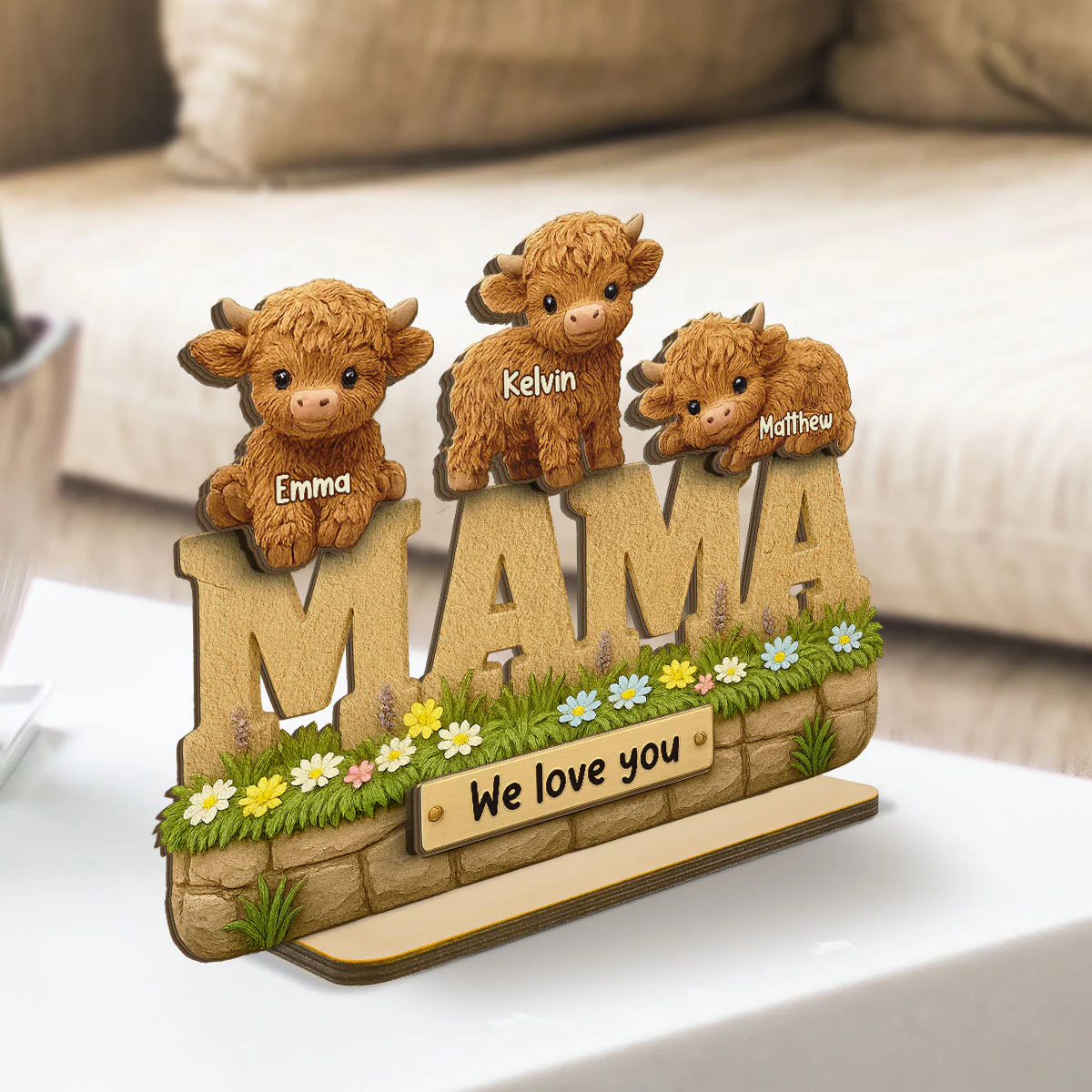 3D Effect Mama Cute Highland Cow Kids Names Personalized 2-Layer Standing Wooden Plaque, Unique Gift For Mom, Grandma - Image 2