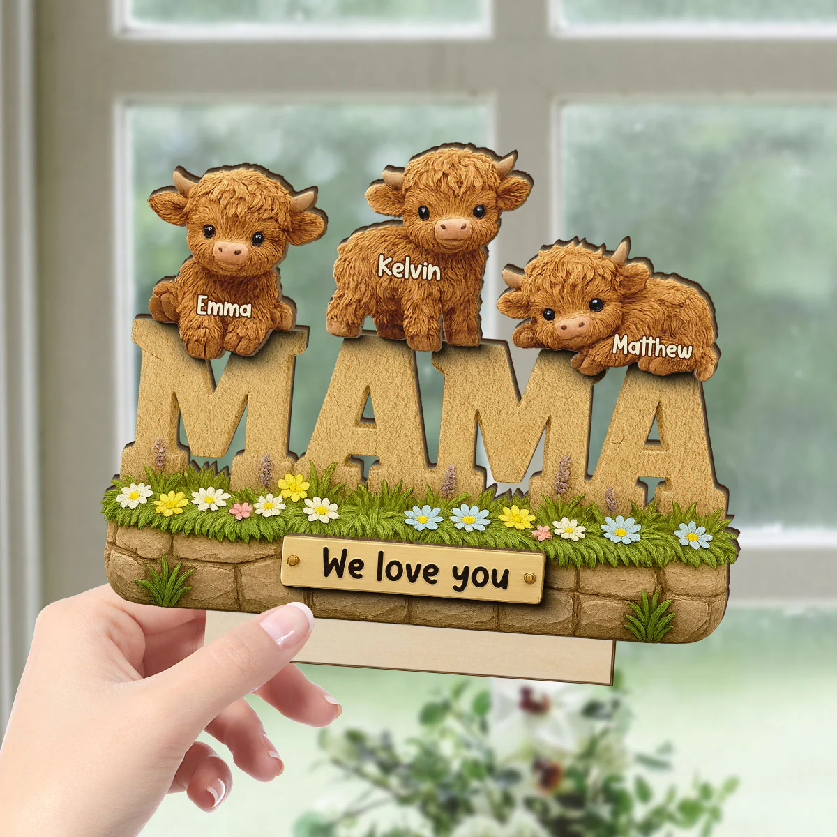 3D Effect Mama Cute Highland Cow Kids Names Personalized 2-Layer Standing Wooden Plaque, Unique Gift For Mom, Grandma - Image 3