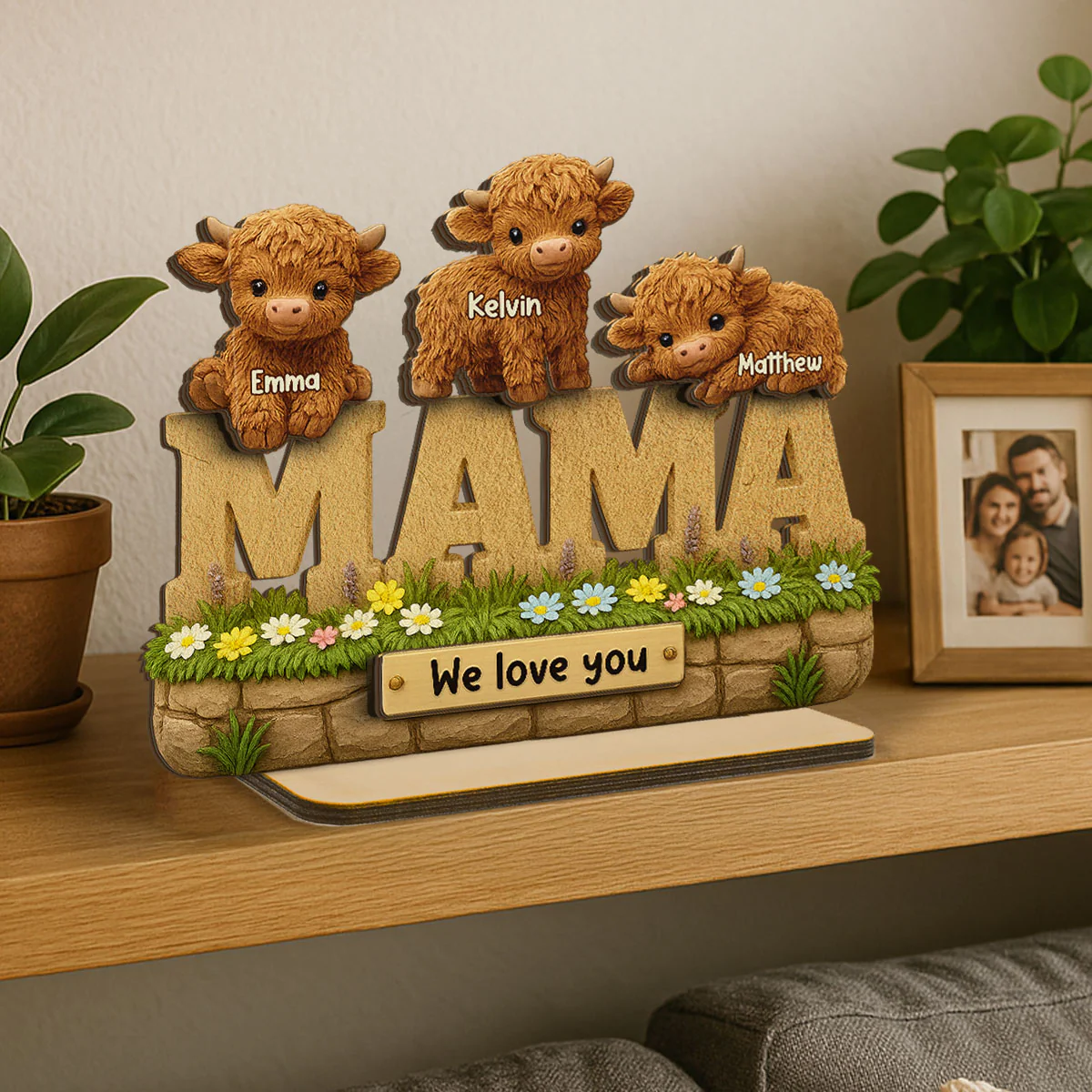 3D Effect Mama Cute Highland Cow Kids Names Personalized 2-Layer Standing Wooden Plaque, Unique Gift For Mom, Grandma - Image 4