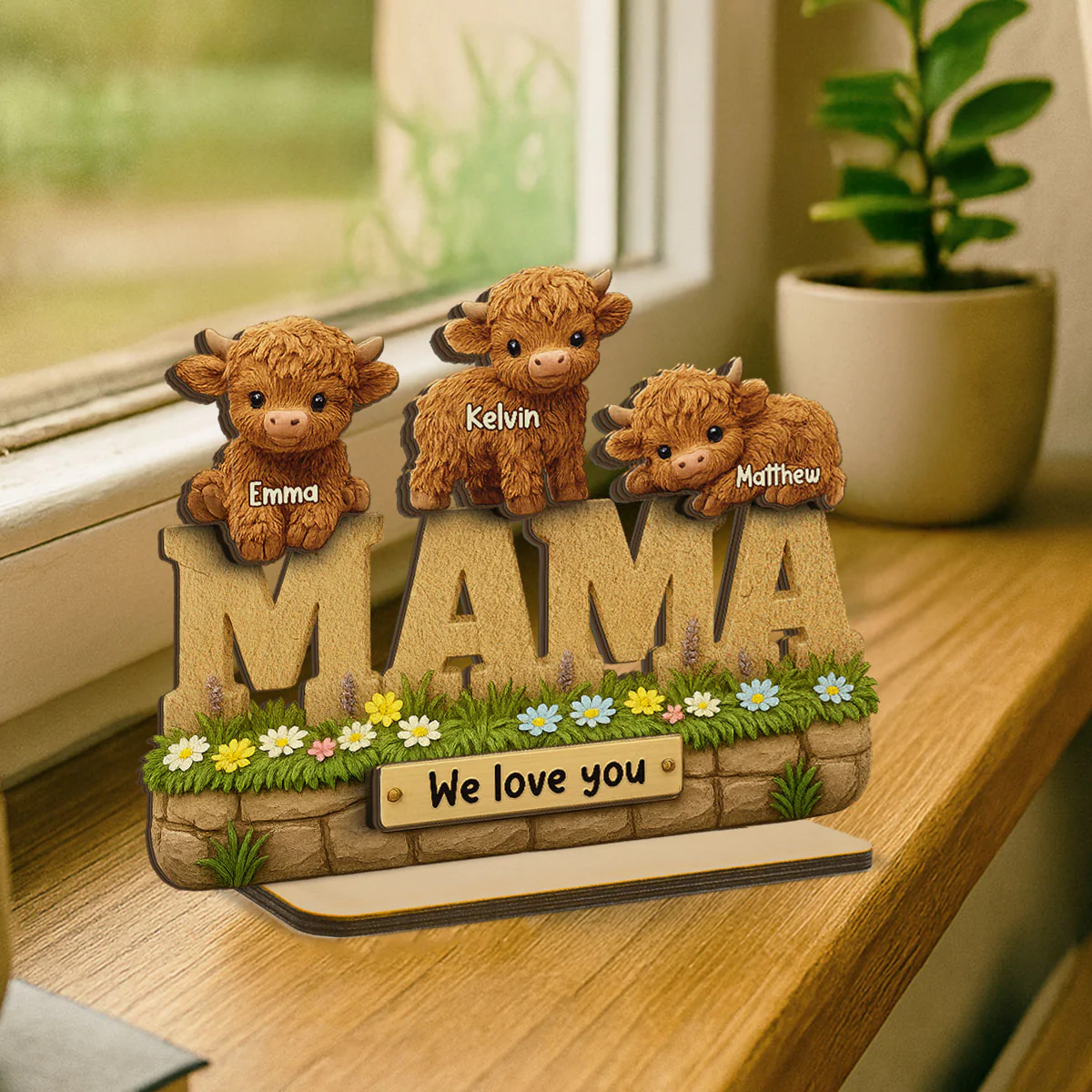 3D Effect Mama Cute Highland Cow Kids Names Personalized 2-Layer Standing Wooden Plaque, Unique Gift For Mom, Grandma - Image 5
