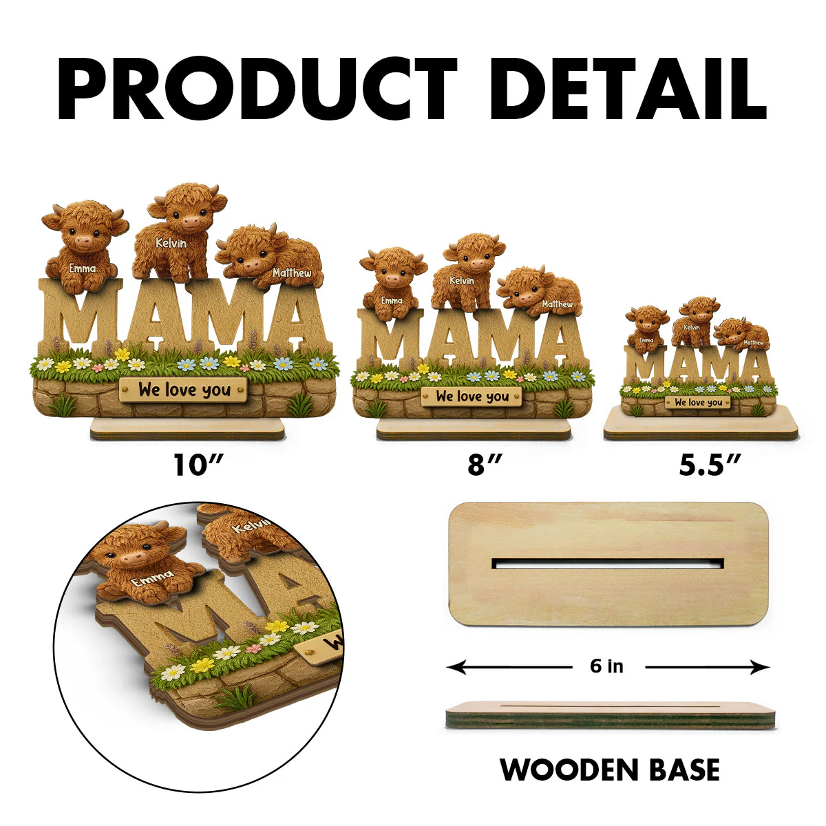 3D Effect Mama Cute Highland Cow Kids Names Personalized 2-Layer Standing Wooden Plaque, Unique Gift For Mom, Grandma - Image 6