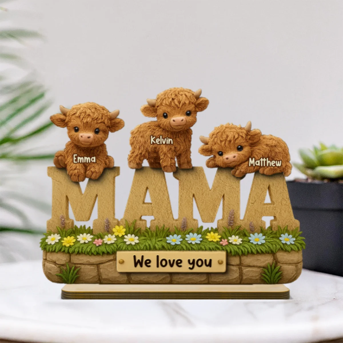 3D Effect Mama Cute Highland Cow Kids Names Personalized 2-Layer Standing Wooden Plaque, Unique Gift For Mom, Grandma - Image 8