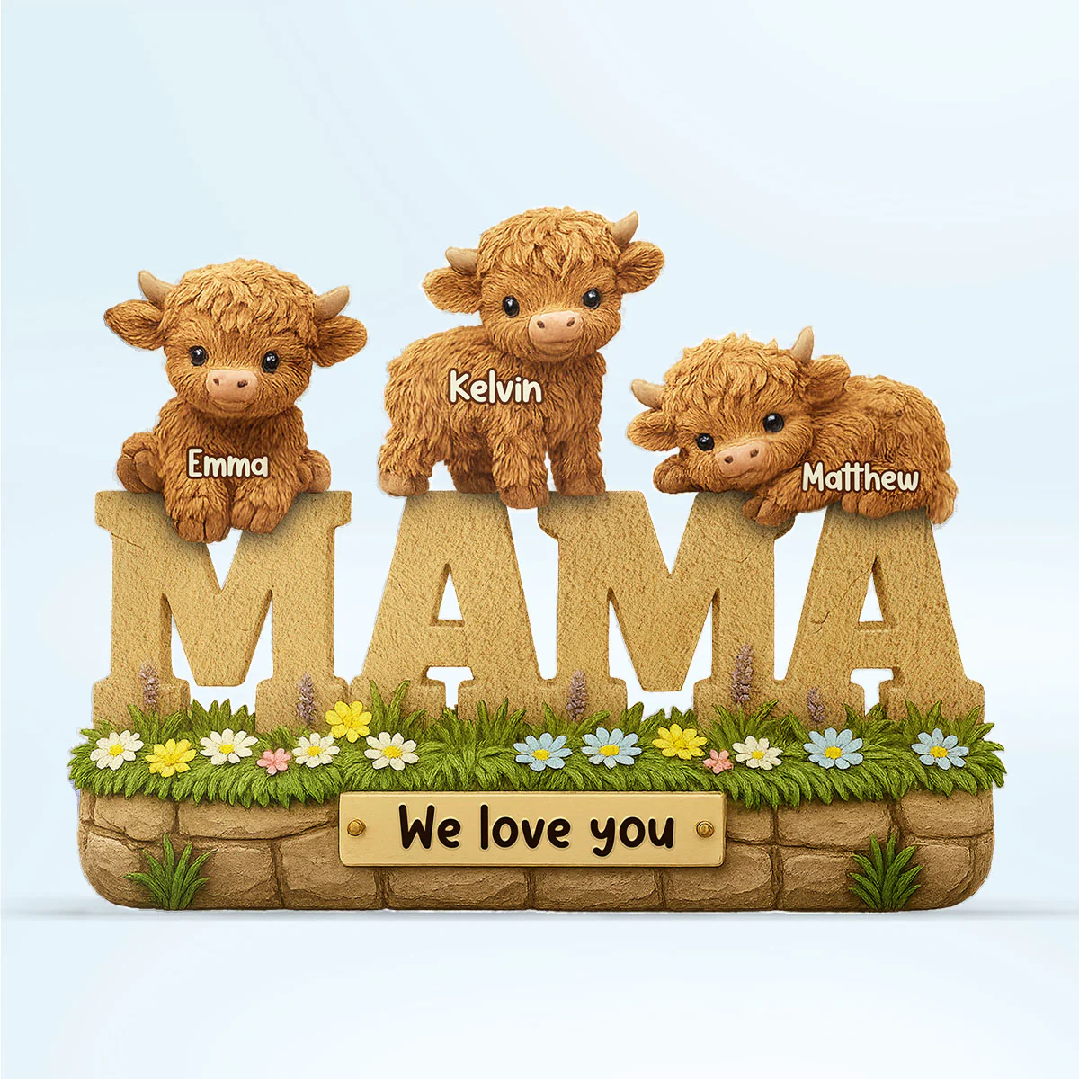 3D Effect Mama Cute Highland Cow Kids Names Personalized Flat Acrylic Block Plaque, Gift For Mom, Grandma - Image 2