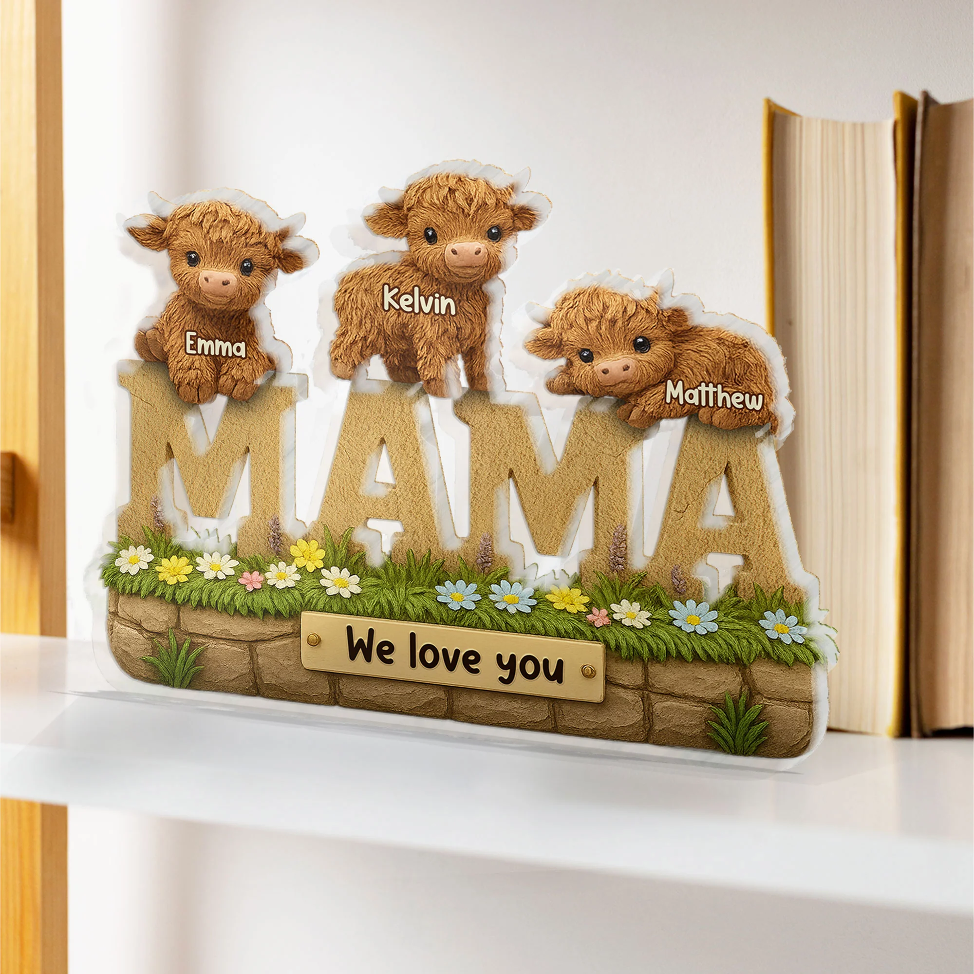3D Effect Mama Cute Highland Cow Kids Names Personalized Flat Acrylic Block Plaque, Gift For Mom, Grandma - Image 3