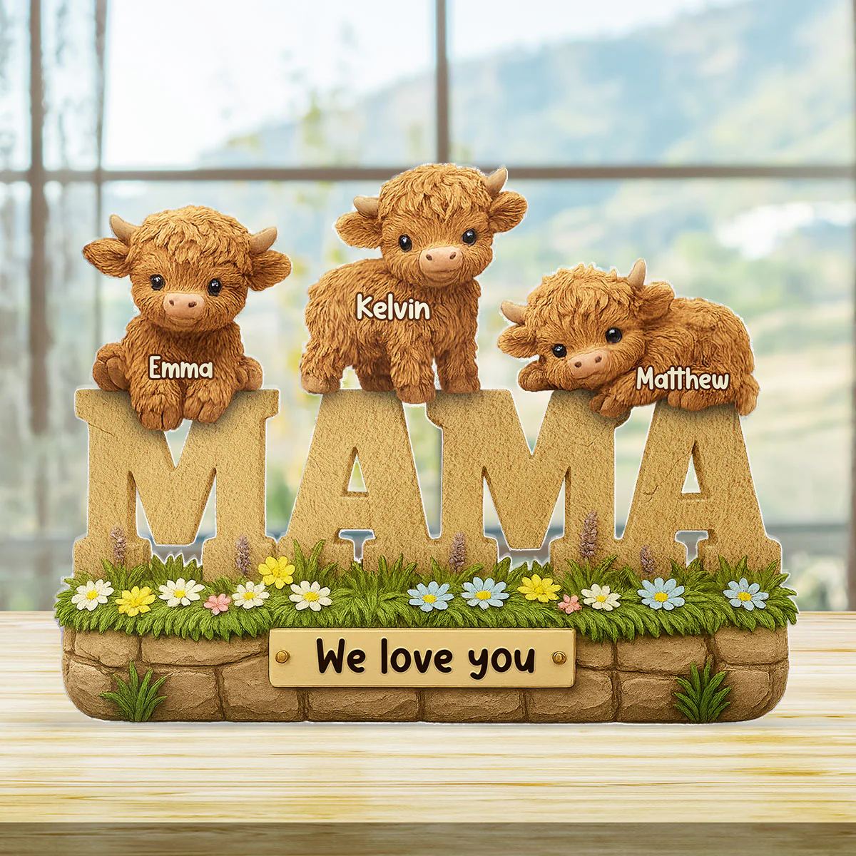 3D Effect Mama Cute Highland Cow Kids Names Personalized Flat Acrylic Block Plaque, Gift For Mom, Grandma - Image 4