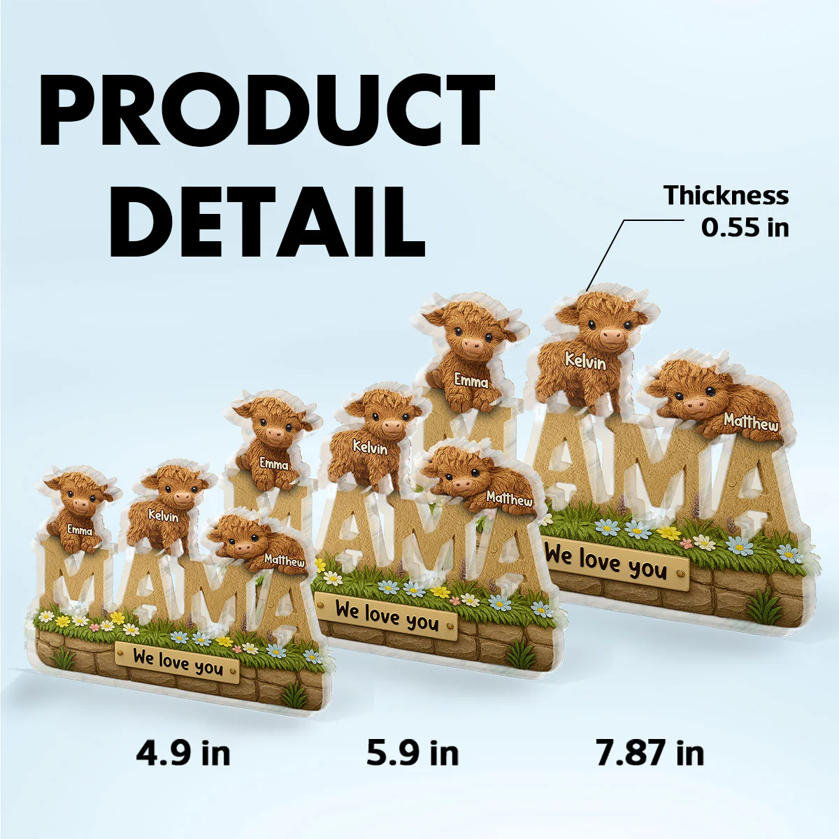 3D Effect Mama Cute Highland Cow Kids Names Personalized Flat Acrylic Block Plaque, Gift For Mom, Grandma - Image 6