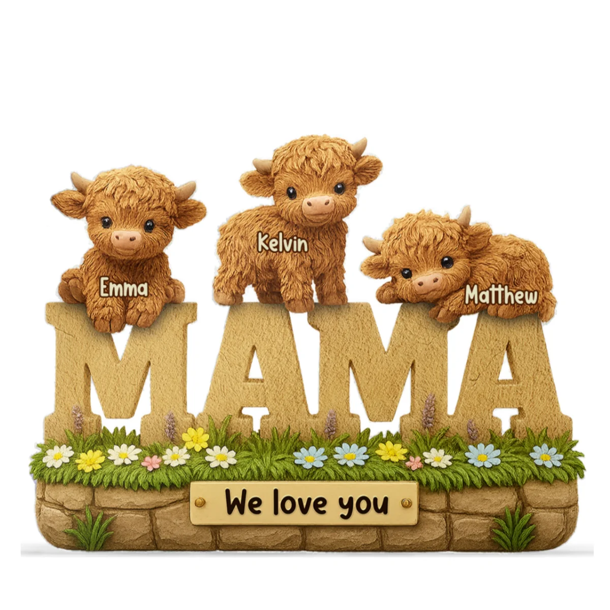 3D Effect Mama Cute Highland Cow Kids Names Personalized Flat Acrylic Block Plaque, Gift For Mom, Grandma - Image 7