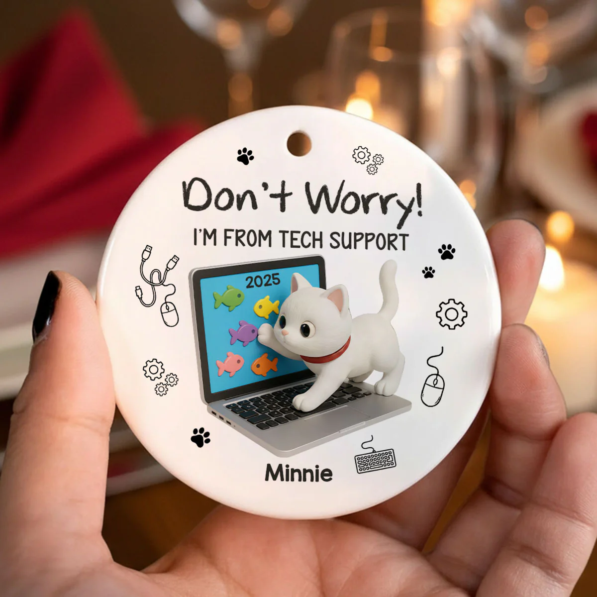 3D Effect Mischievous Kitten Tech Support - Personalized Ceramic Ornament - Gift For Cat Lovers - Image 4
