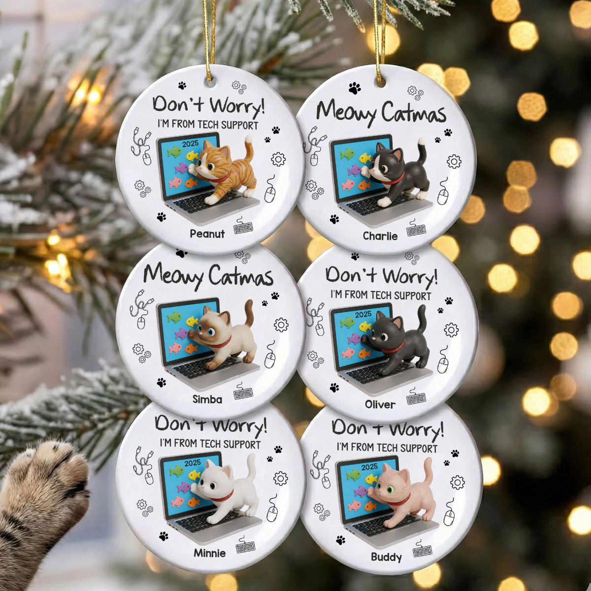 3D Effect Mischievous Kitten Tech Support - Personalized Ceramic Ornament - Gift For Cat Lovers - Image 5
