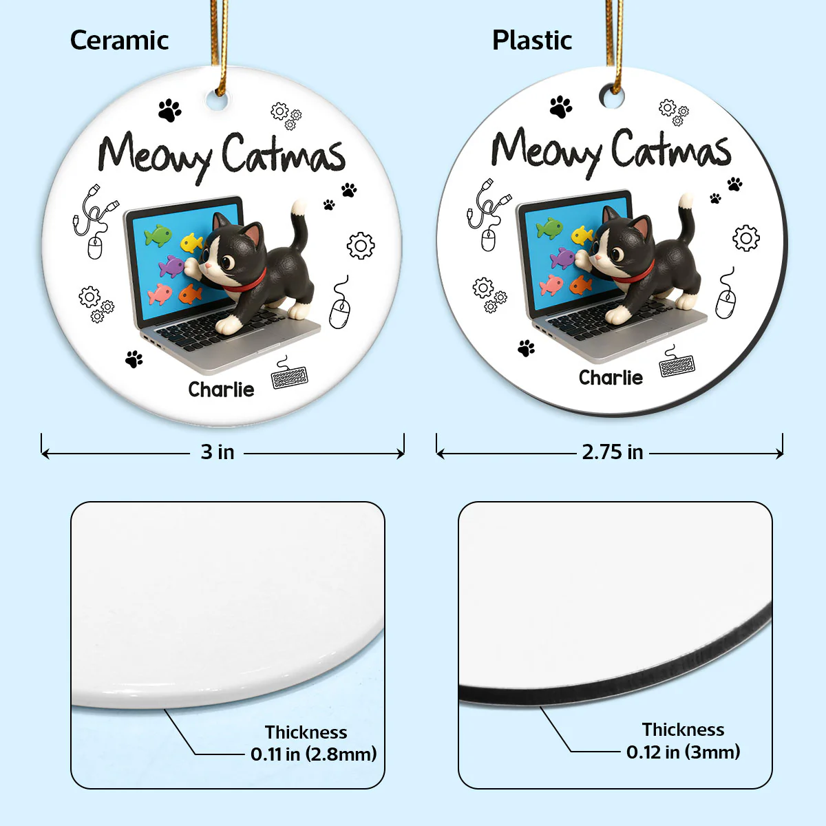 3D Effect Mischievous Kitten Tech Support - Personalized Ceramic Ornament - Gift For Cat Lovers - Image 6