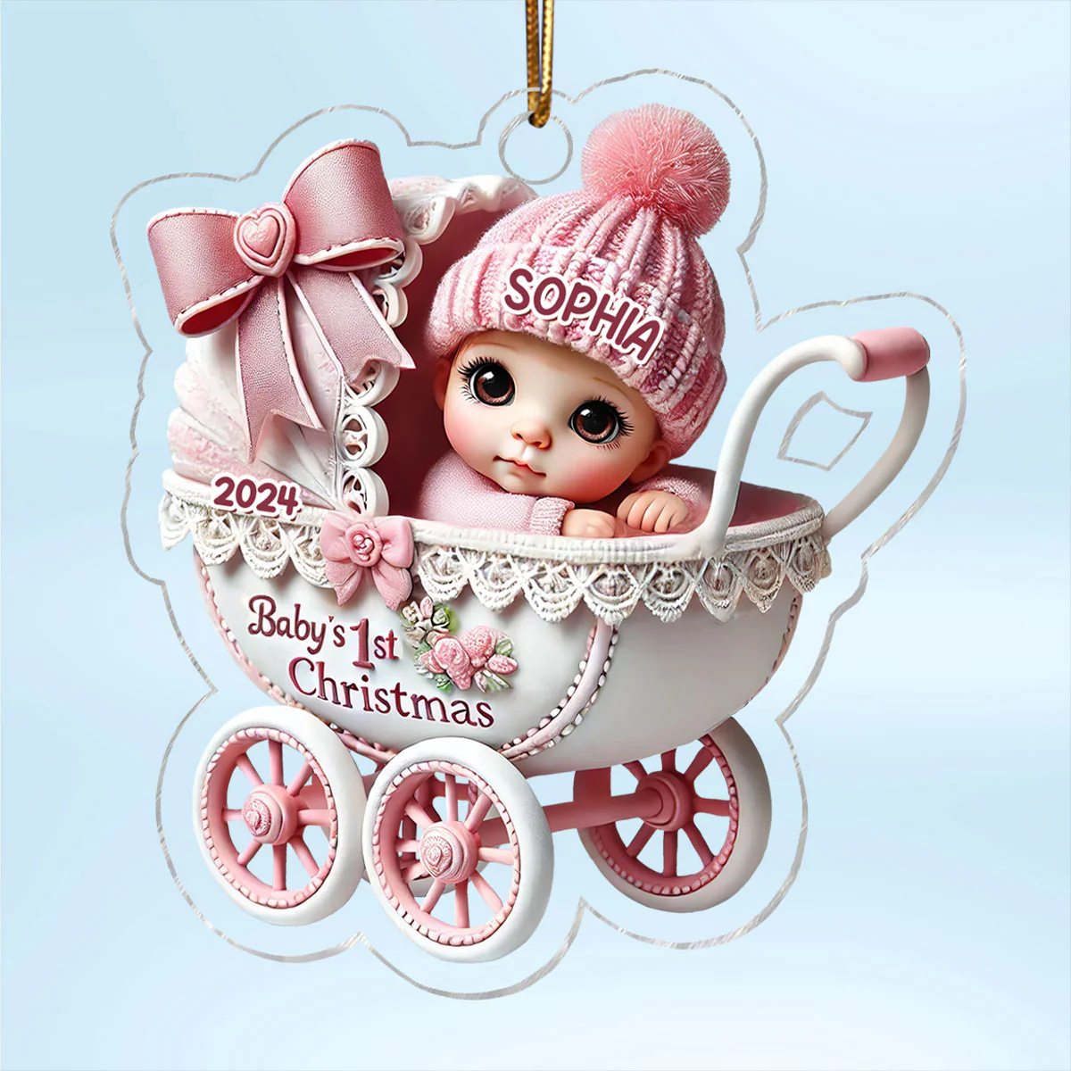 3D Effect Newborn Baby In Carriage Christmas Personalized Acrylic Ornament, Christmas Gift For Newborns, New Parents - Image 2