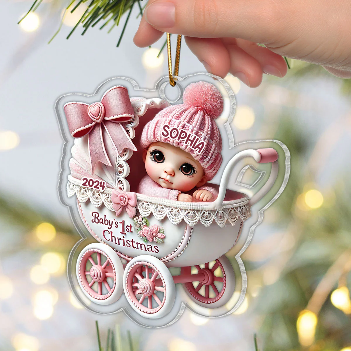 3D Effect Newborn Baby In Carriage Christmas Personalized Acrylic Ornament, Christmas Gift For Newborns, New Parents - Image 3