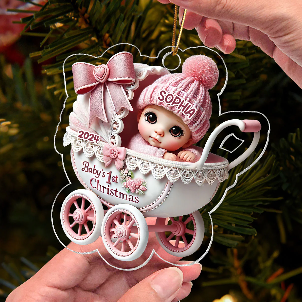 3D Effect Newborn Baby In Carriage Christmas Personalized Acrylic Ornament, Christmas Gift For Newborns, New Parents - Image 4