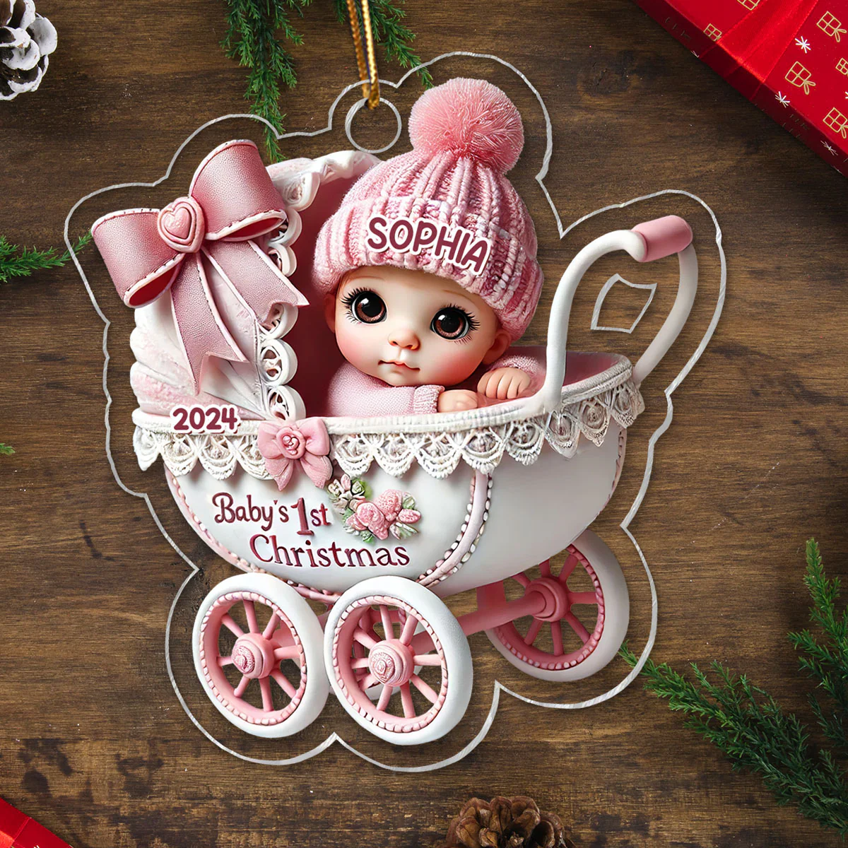 3D Effect Newborn Baby In Carriage Christmas Personalized Acrylic Ornament, Christmas Gift For Newborns, New Parents - Image 5