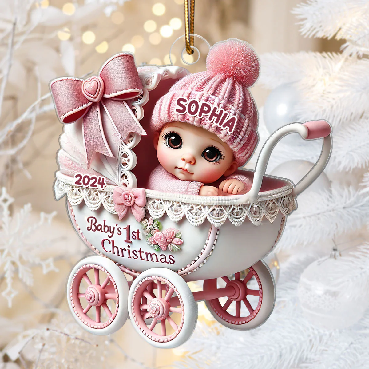 3D Effect Newborn Baby In Carriage Christmas Personalized Flat Acrylic Ornament, Christmas Gift For Newborns, New Parents - Image 6