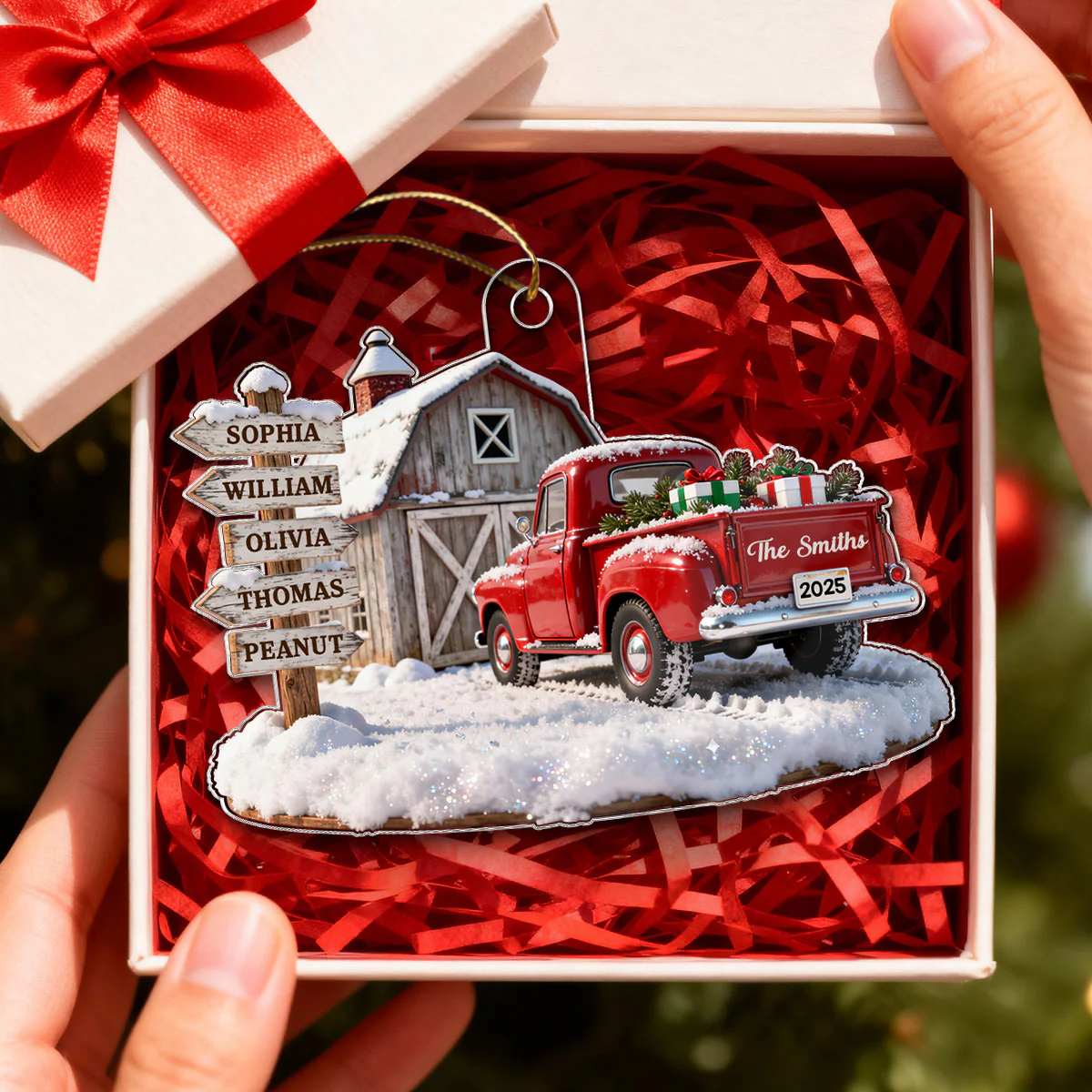 3D Effect Nostalgia Christmas Truck Barn House Family Sign Posts Custom Names - Personalized Acrylic Ornament - Gift For Family, Farmhouse Decor - Image 3