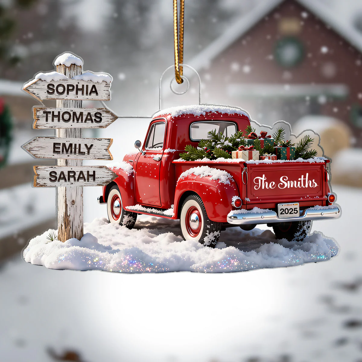 3D Effect Nostalgia Christmas Truck Family Sign Posts Custom Names - Personalized Acrylic Ornament - Gift For Family, Farmhouse Decor - Image 2