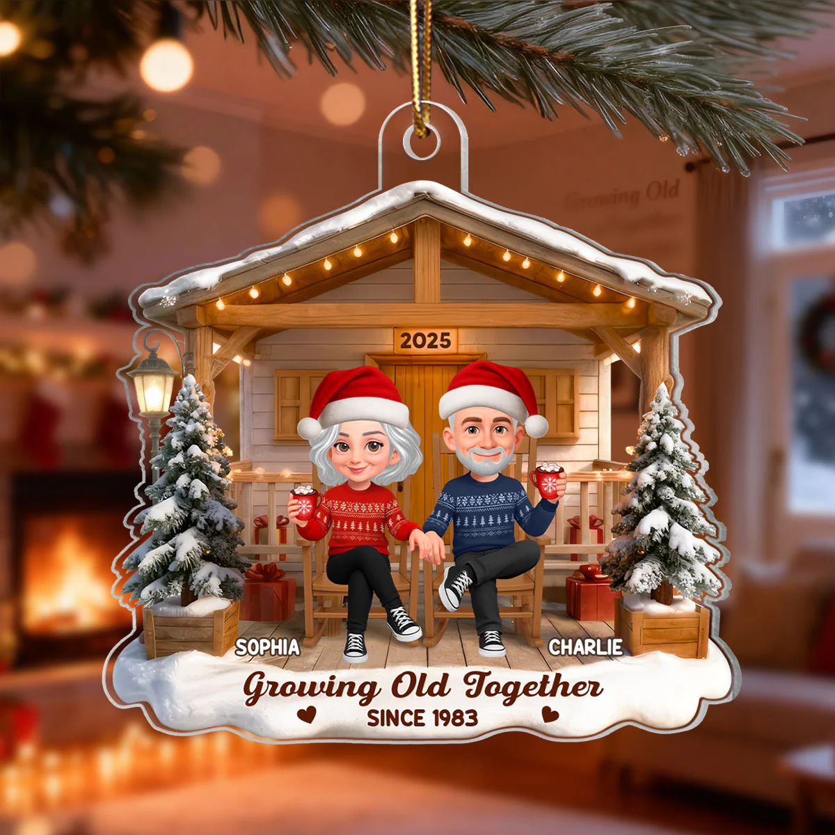 3D Effect Nostalgia Eternal Love Couple On Front Porch - Personalized Acrylic Ornament - Gift For Couple, For Him, For Her, Farmhouse Decor - Image 4