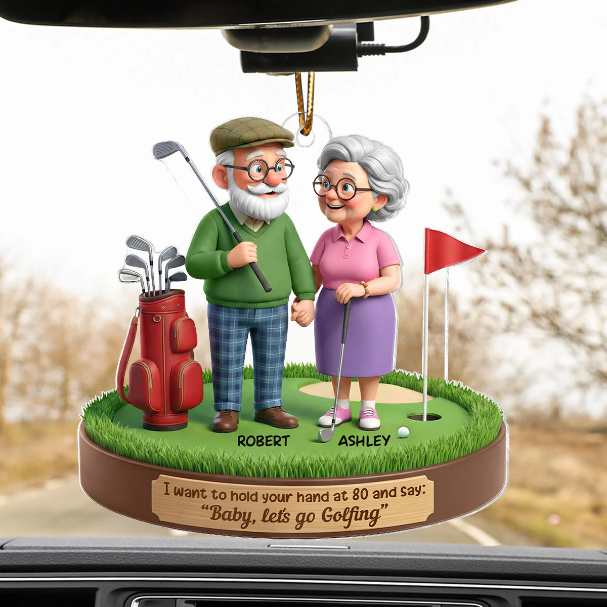 3D Effect Old Couple Baby Let's Go Golfing - Personalized Acrylic Car Hanger - Sentimental Gift for him, for her - Image 5