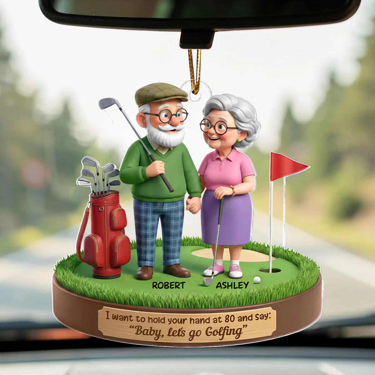 3D Effect Old Couple Baby Let's Go Golfing - Personalized Acrylic Car Hanger - Sentimental Gift for him, for her - Image 6