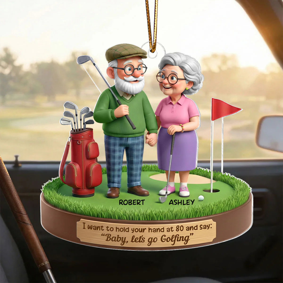 3D Effect Old Couple Baby Let's Go Golfing - Personalized Acrylic Car Hanger - Sentimental Gift for him, for her - Image 7