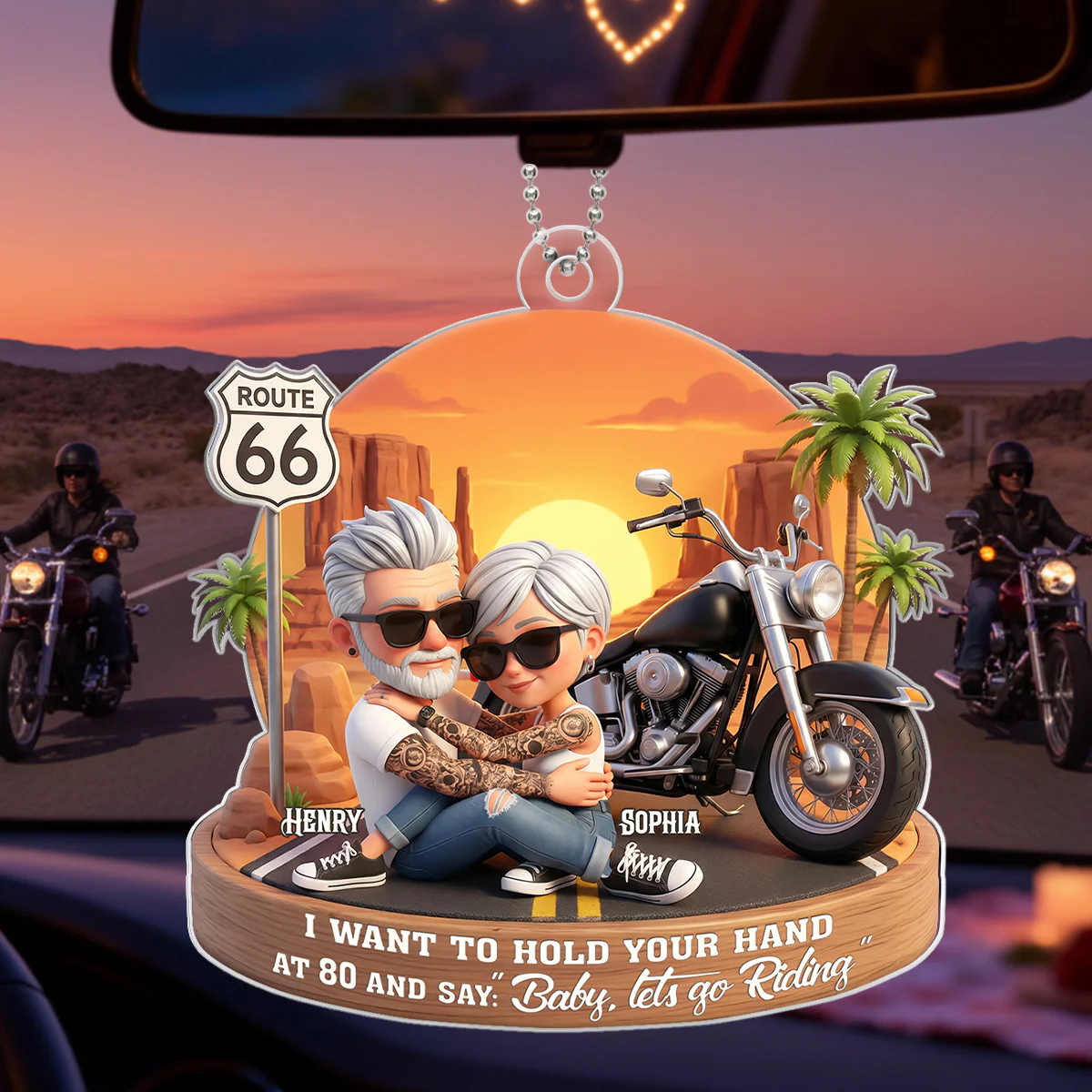 3D Effect Old Couple Baby Let's Go Riding - Personalized Acrylic Car Hanger - Sentimental Gift for him, for her