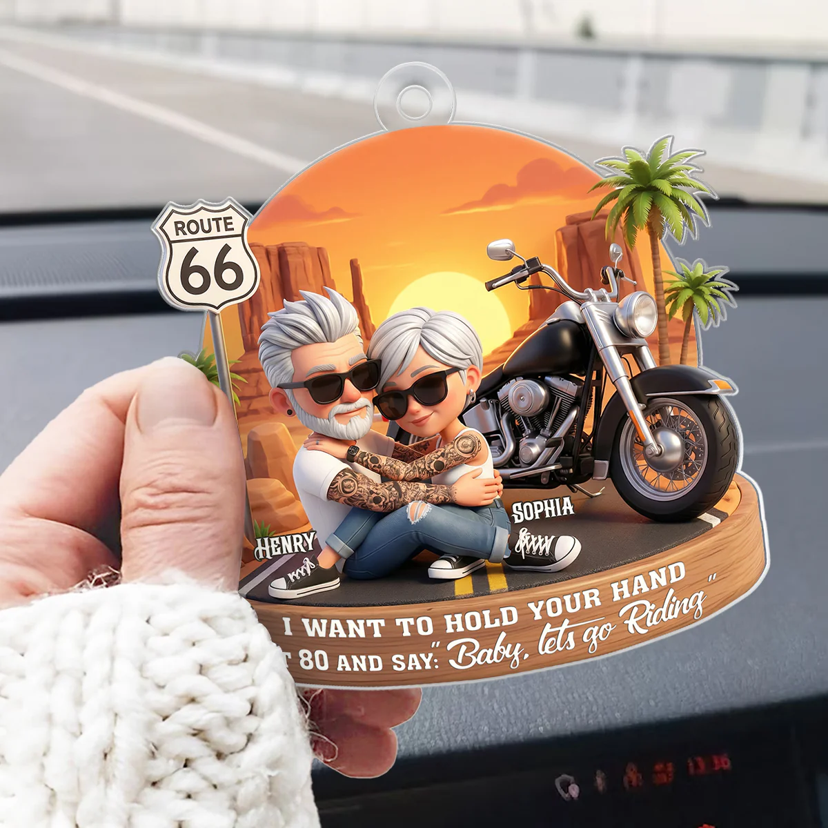 3D Effect Old Couple Baby Let's Go Riding - Personalized Acrylic Car Hanger - Sentimental Gift for him, for her - Image 8