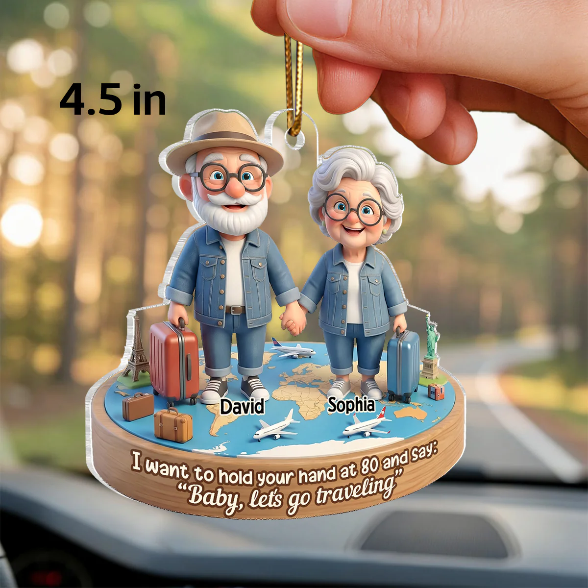 3D Effect Old Couple Baby Let's Go Traveling - Personalized Acrylic Car Hanger - Sentimental Gift for him, for her - Image 2