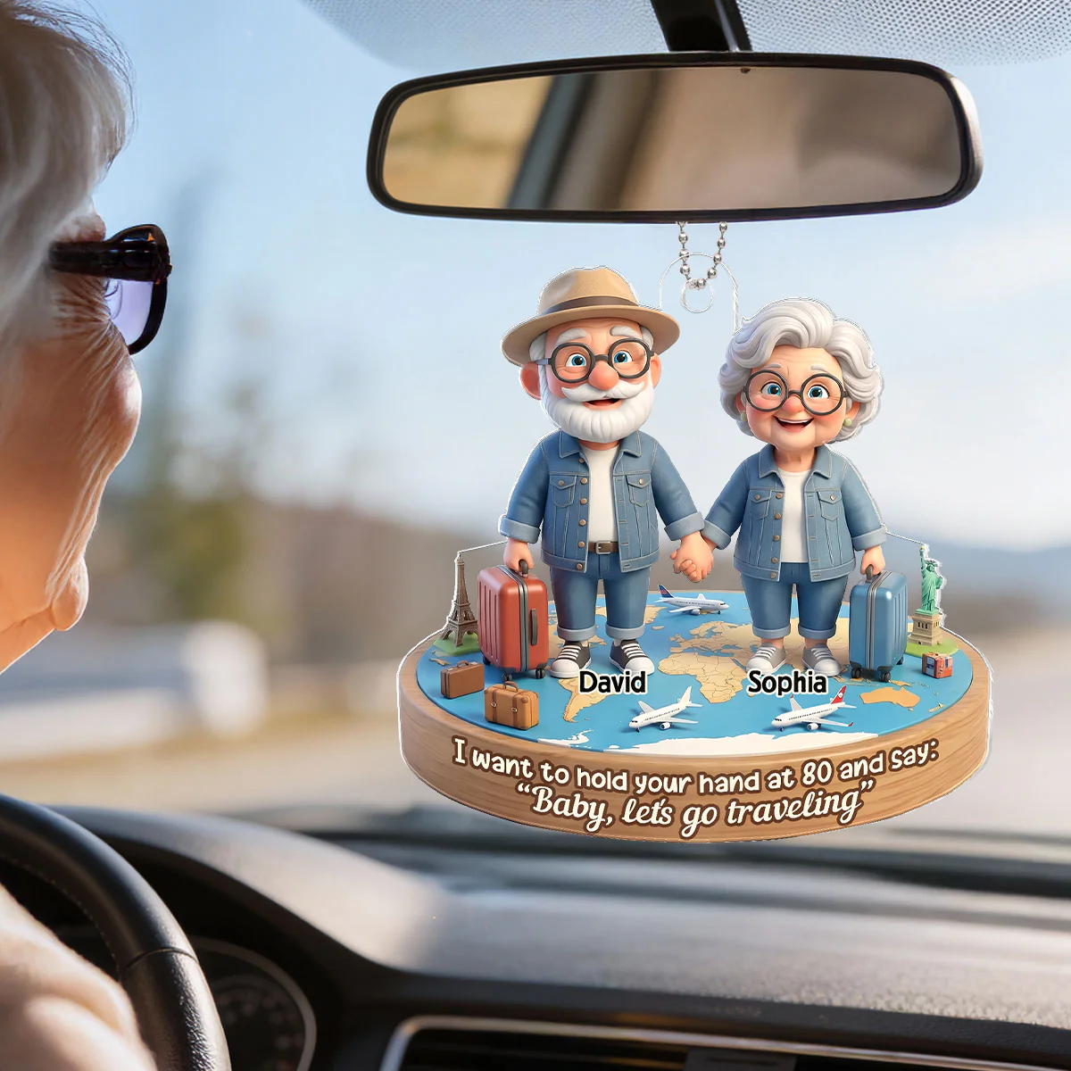 3D Effect Old Couple Baby Let's Go Traveling - Personalized Acrylic Car Hanger - Sentimental Gift for him, for her - Image 3