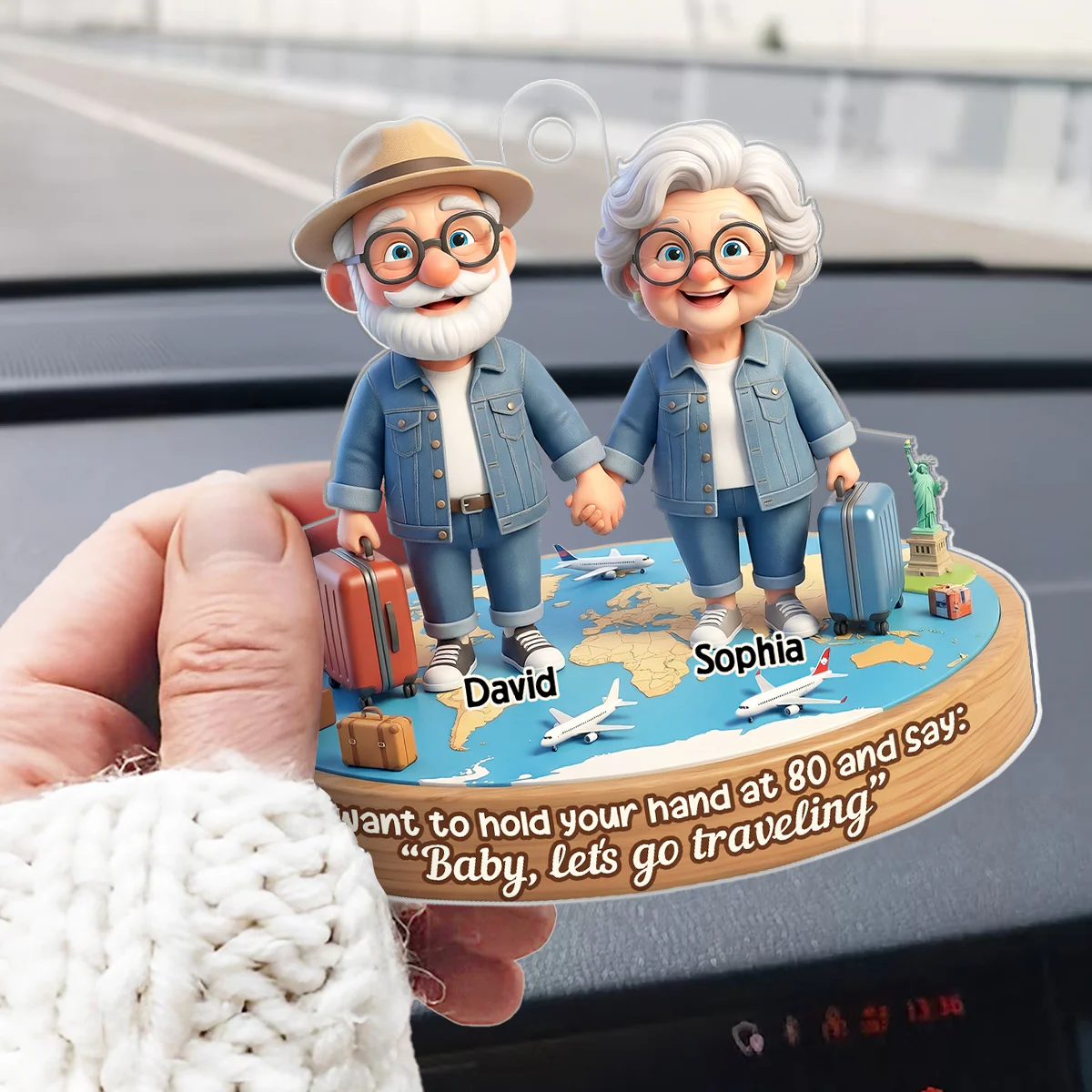 3D Effect Old Couple Baby Let's Go Traveling - Personalized Acrylic Car Hanger - Sentimental Gift for him, for her - Image 4