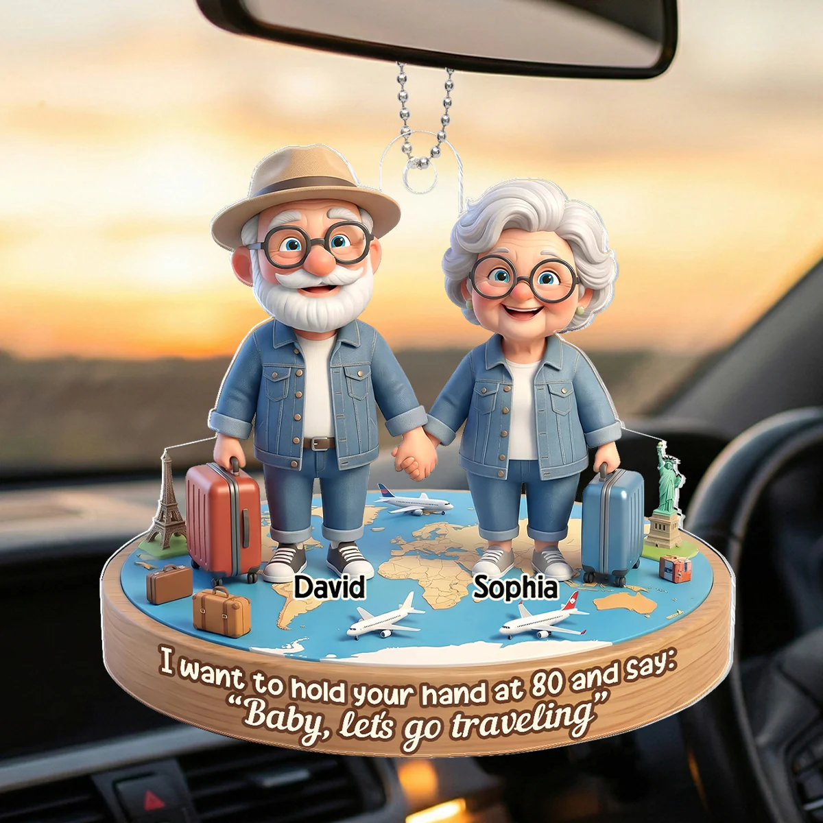 3D Effect Old Couple Baby Let's Go Traveling - Personalized Acrylic Car Hanger - Sentimental Gift for him, for her - Image 5