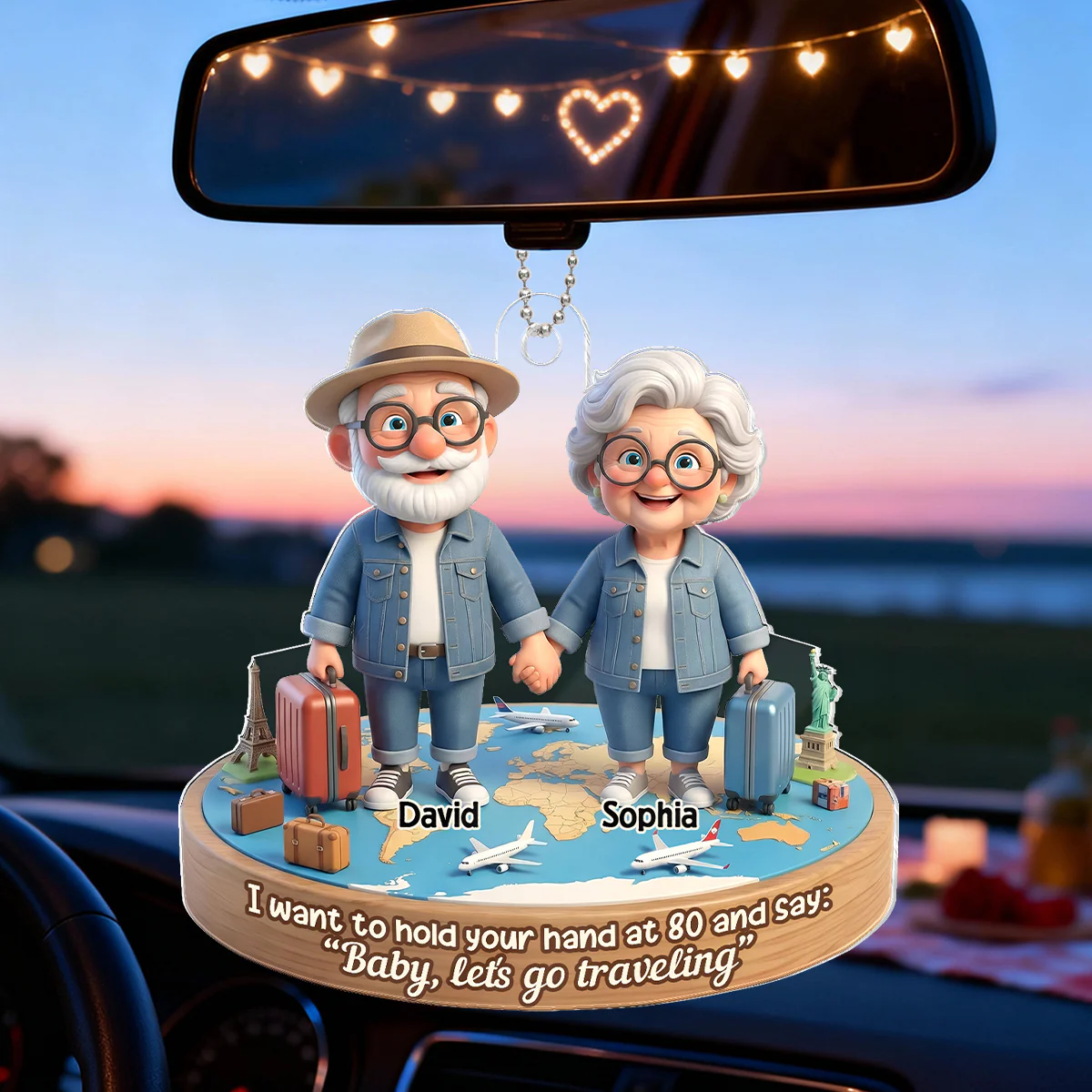 3D Effect Old Couple Baby Let's Go Traveling - Personalized Acrylic Car Hanger - Sentimental Gift for him, for her - Image 6
