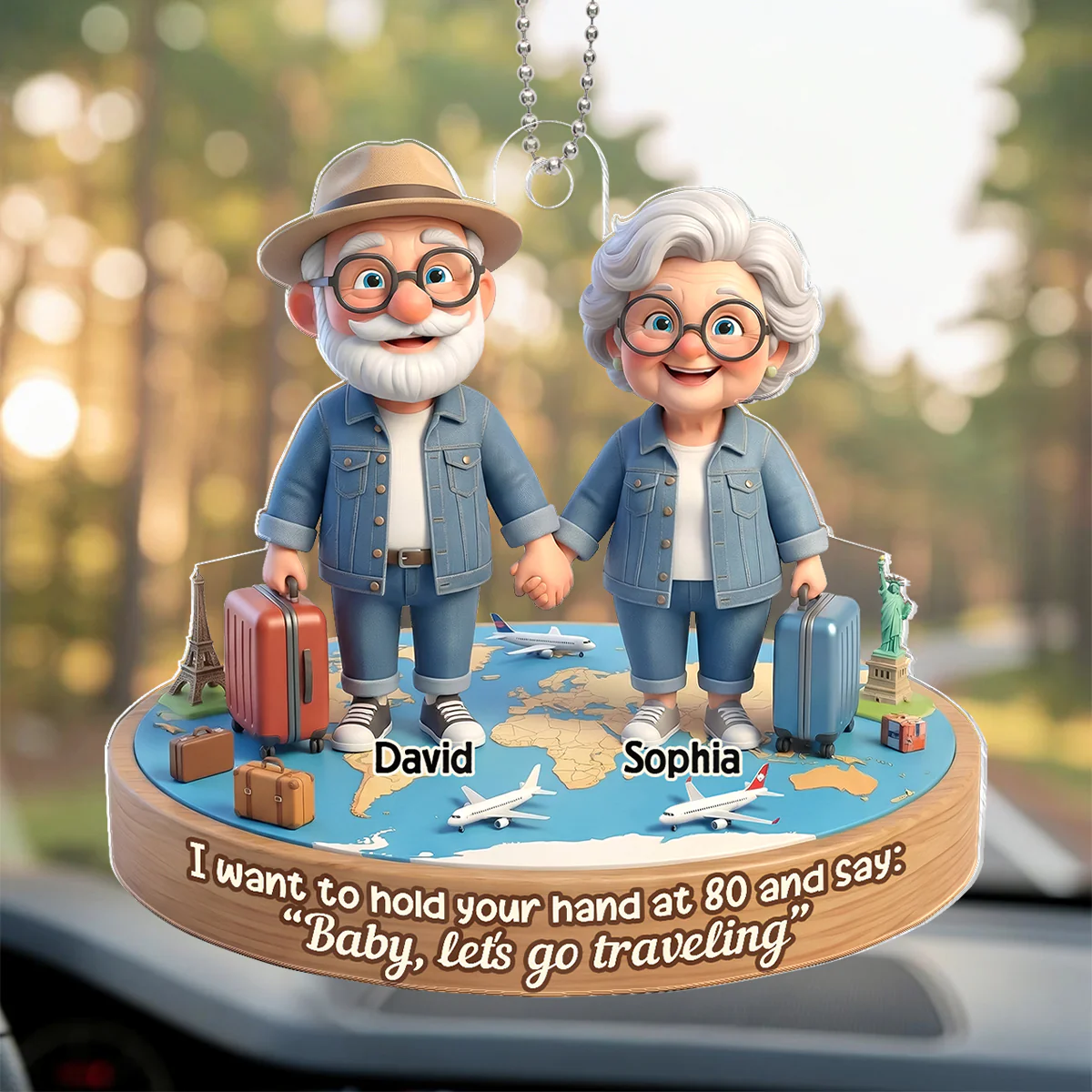 3D Effect Old Couple Baby Let's Go Traveling - Personalized Acrylic Car Hanger - Sentimental Gift for him, for her - Image 7