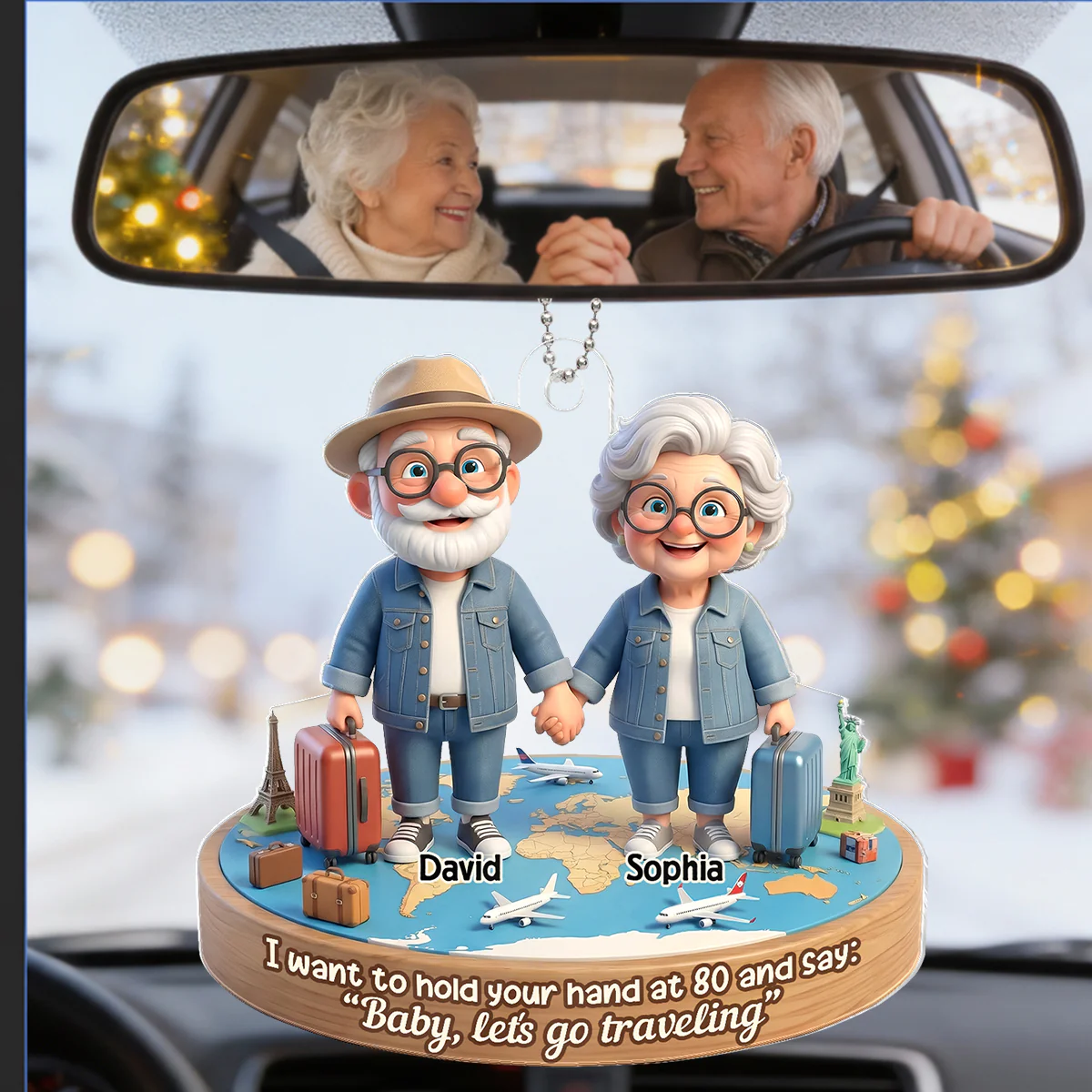 3D Effect Old Couple Baby Let's Go Traveling - Personalized Acrylic Car Hanger - Sentimental Gift for him, for her - Image 8