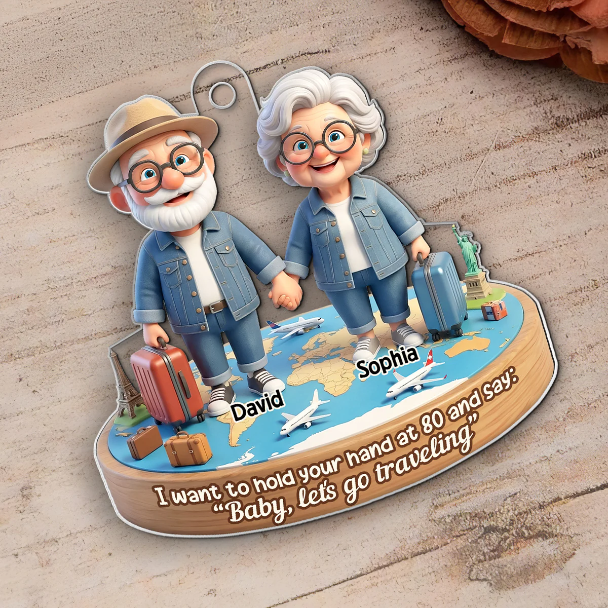 3D Effect Old Couple Baby Let's Go Traveling - Personalized Acrylic Car Hanger - Sentimental Gift for him, for her - Image 9