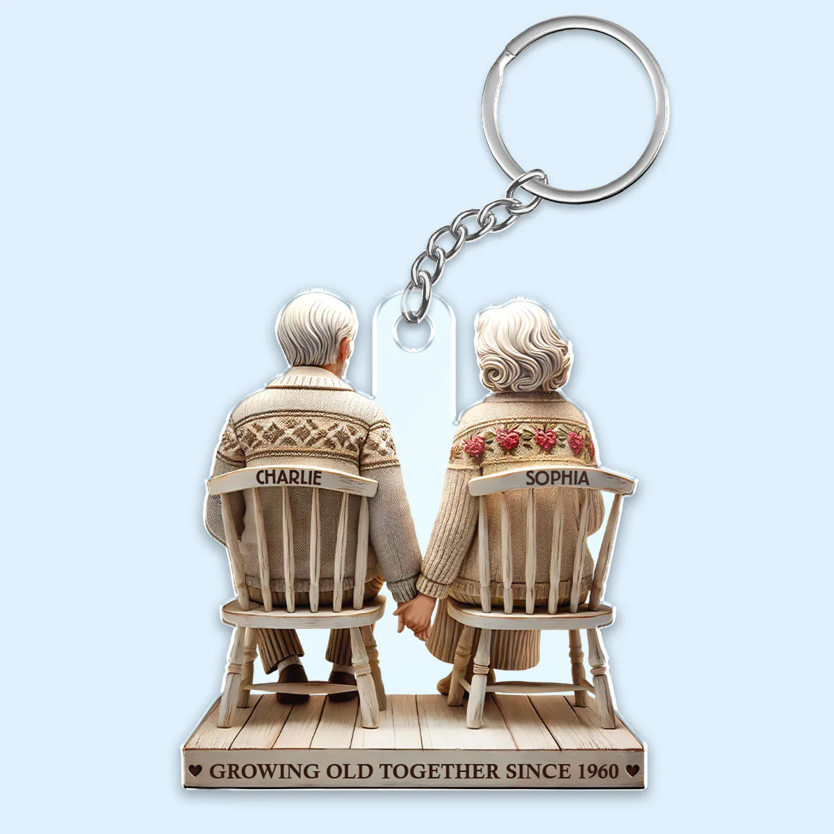 3D Effect Old Couple Holding Hands Sitting Together Personalized Keychain, Heartfelt Gift For Couple, For Him, For Her, Husband, Wife - Image 2