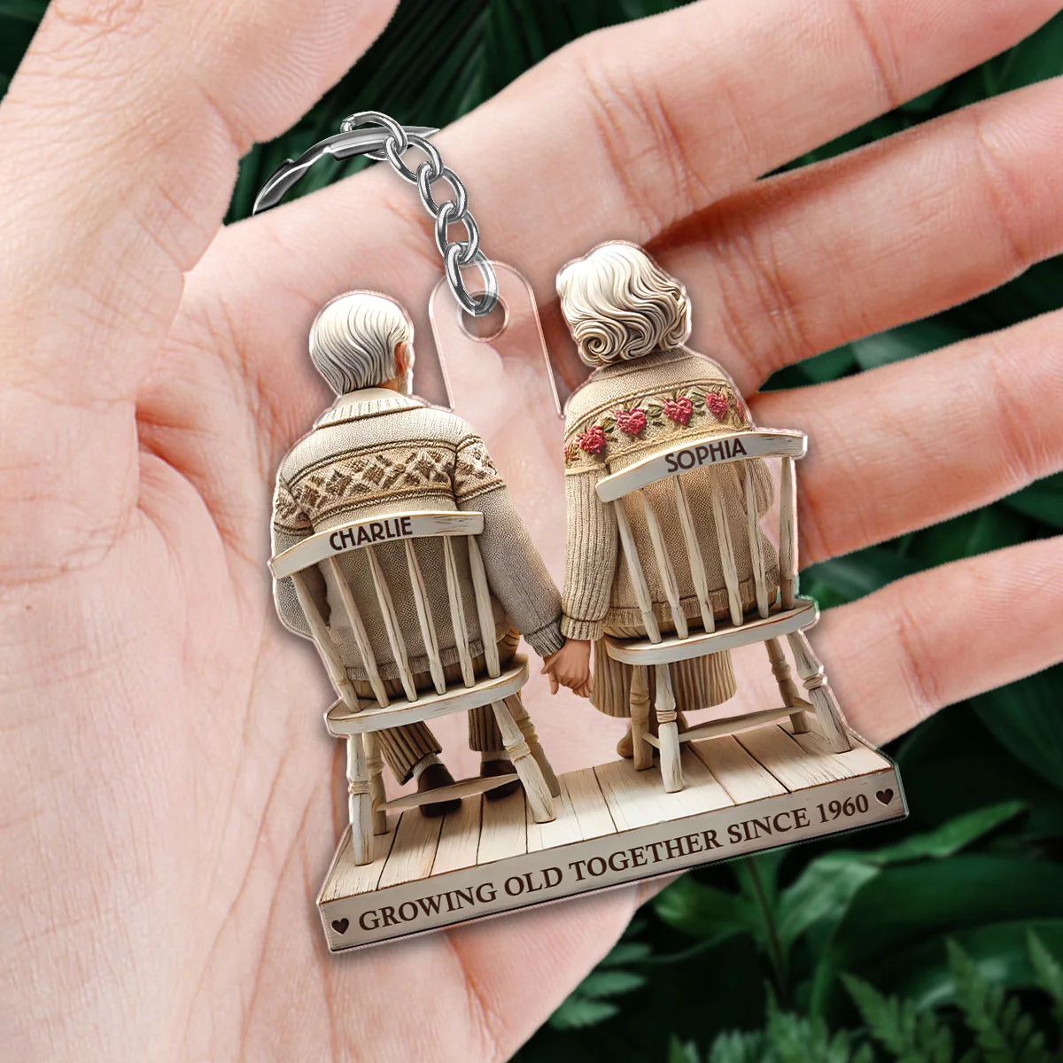 3D Effect Old Couple Holding Hands Sitting Together Personalized Keychain, Heartfelt Gift For Couple, For Him, For Her, Husband, Wife - Image 3