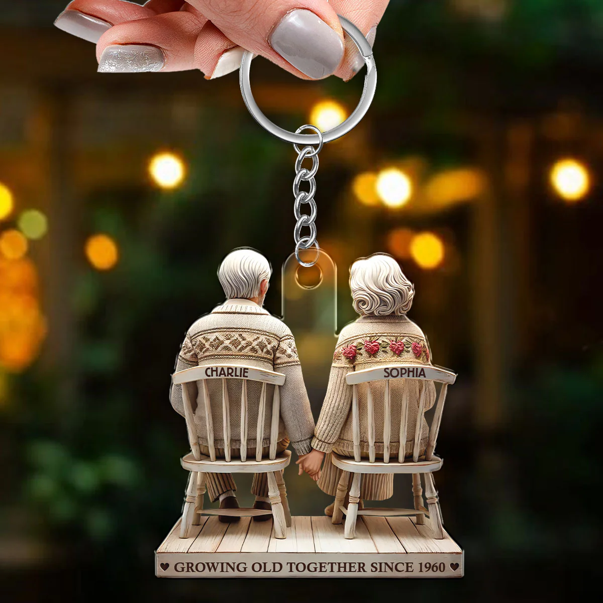 3D Effect Old Couple Holding Hands Sitting Together Personalized Keychain, Heartfelt Gift For Couple, For Him, For Her, Husband, Wife - Image 4
