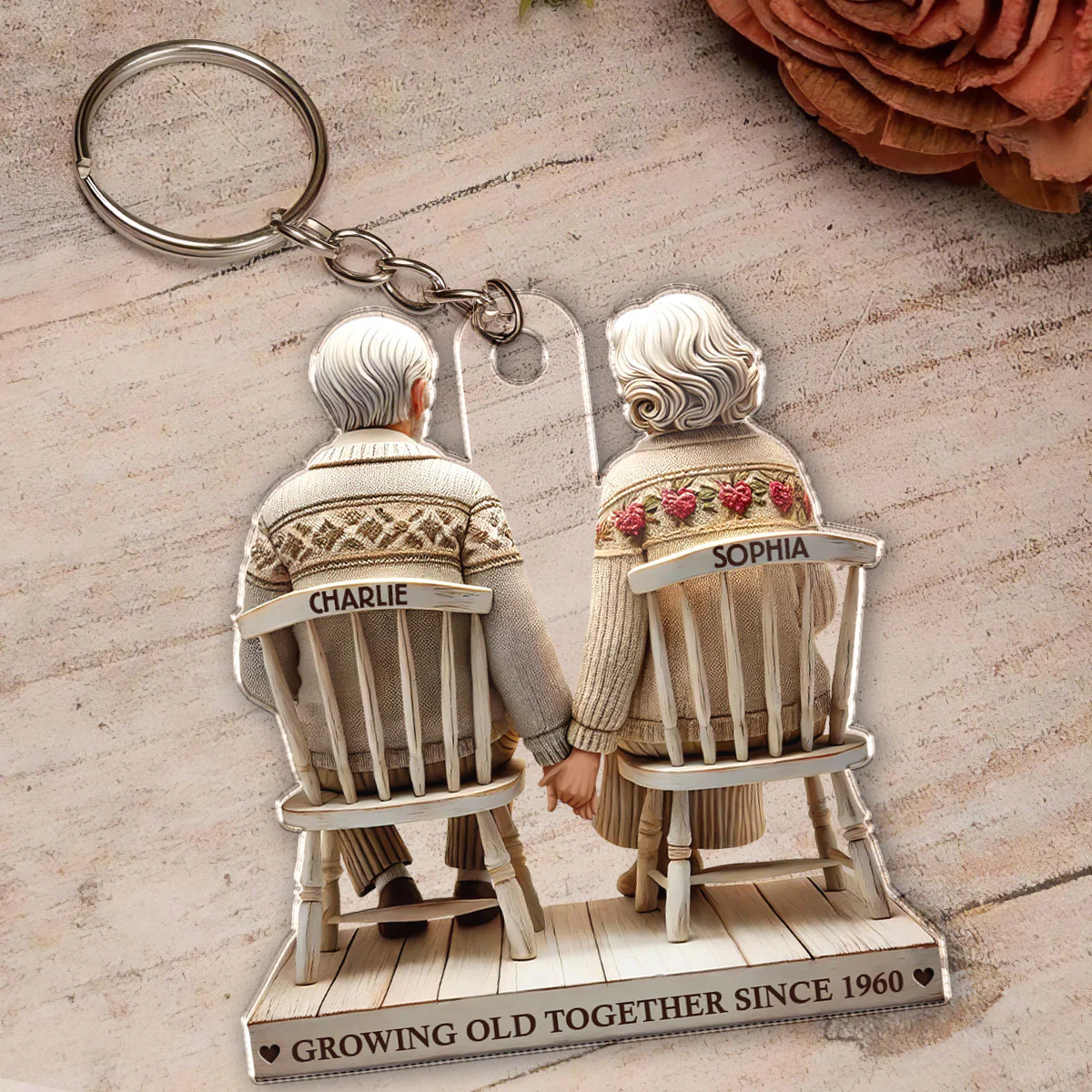 3D Effect Old Couple Holding Hands Sitting Together Personalized Keychain, Heartfelt Gift For Couple, For Him, For Her, Husband, Wife - Image 5
