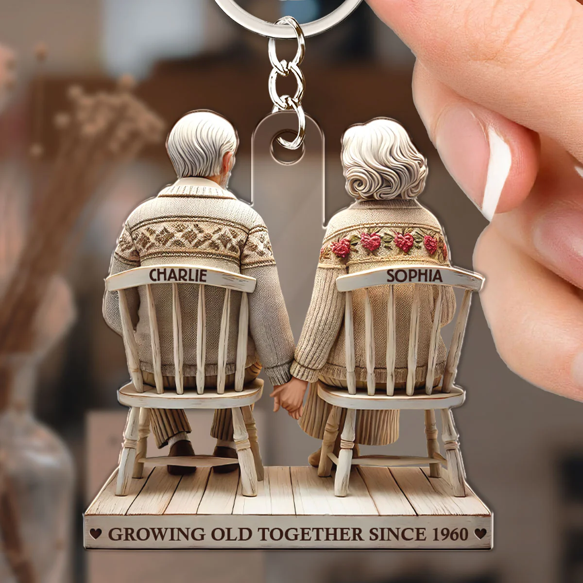 3D Effect Old Couple Holding Hands Sitting Together Personalized Keychain, Heartfelt Gift For Couple, For Him, For Her, Husband, Wife - Image 6